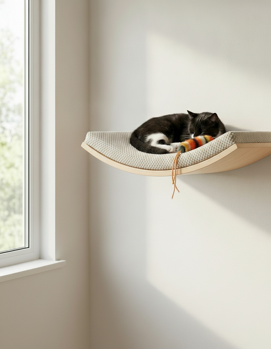 Floating Cat Wall Shelf - Softly Shaped in Natural Beech, Cream cushion