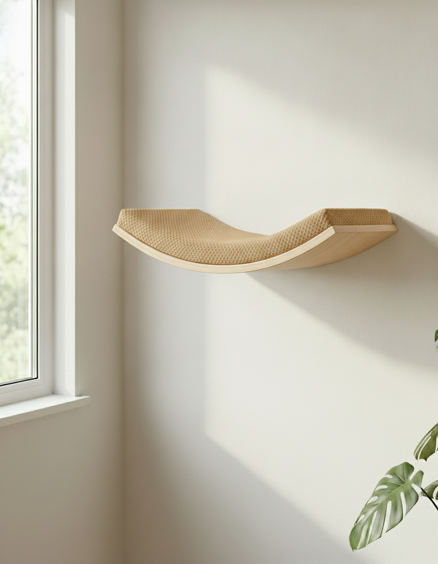 Floating Cat Wall Shelf - Softly Shaped in Natural Beech, Beige cushion