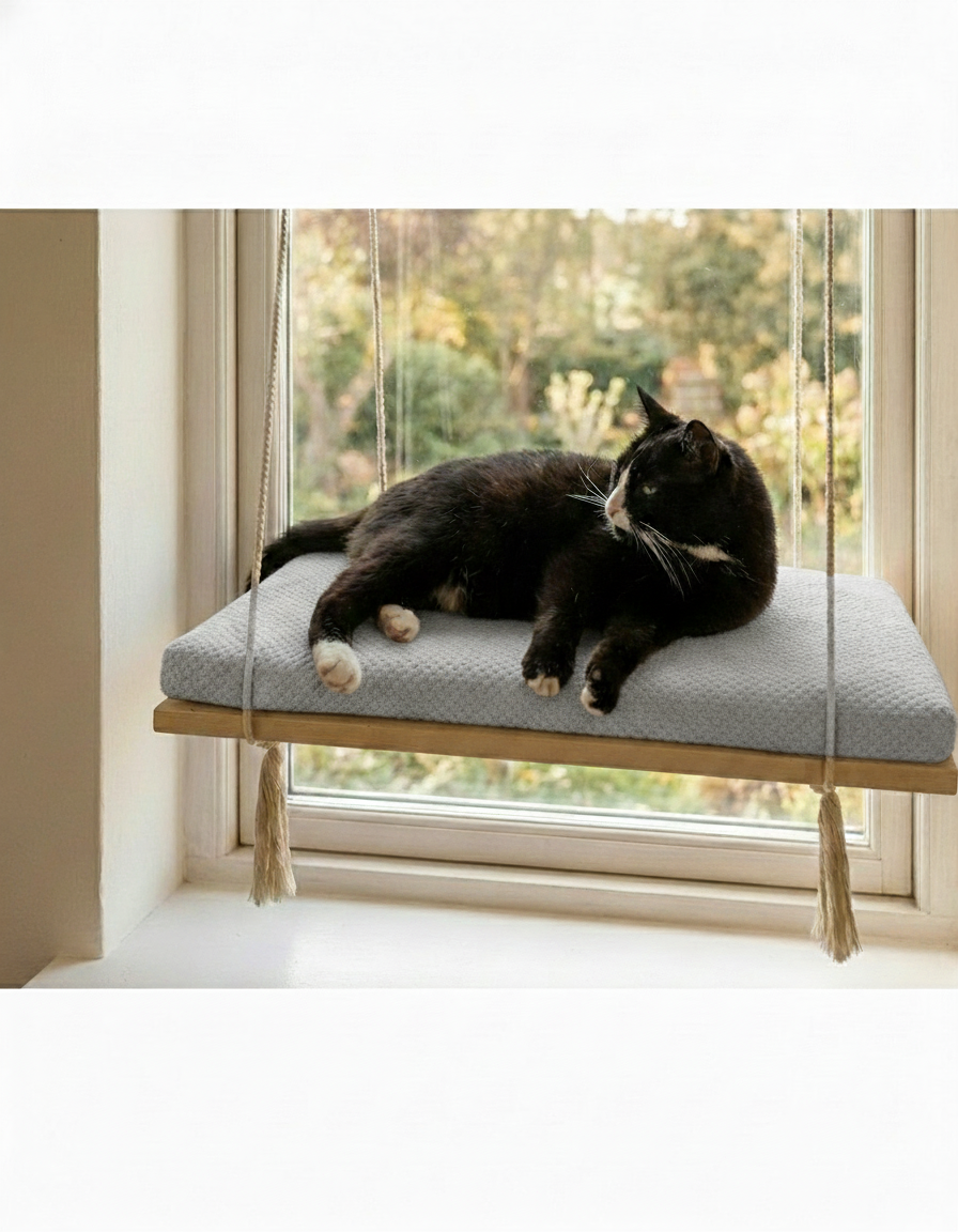 Cat Window Perch - Pine Wood - The Sunny Spot in Natural Pine, Grey cushion