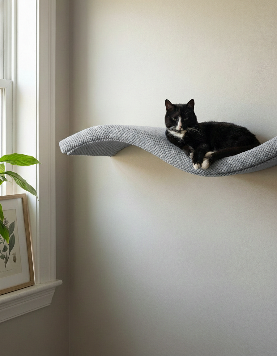 Cat Wall Shelf - The Wave with Grey DOT cushion