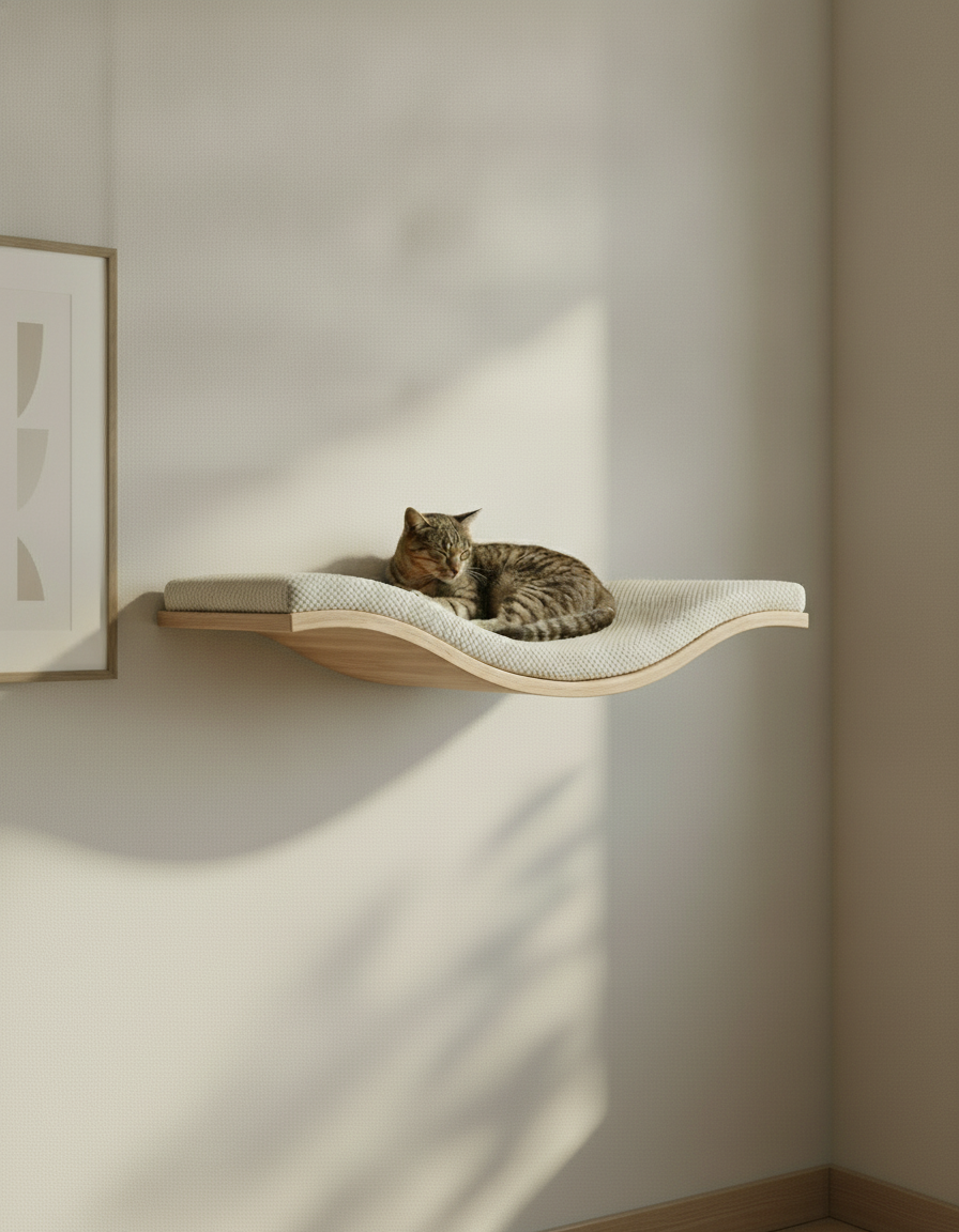 Floating Cat Wall Shelf - The Wavey Retreat in Natural Beech, Cream cushion