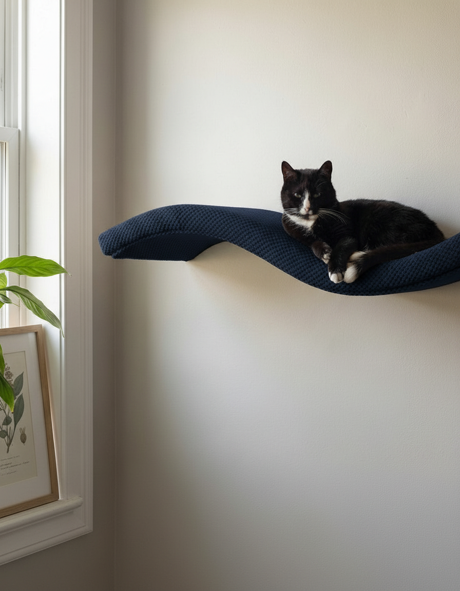 Cat Wall Shelf - The Wave with Deep Navy Blue DOT cushion