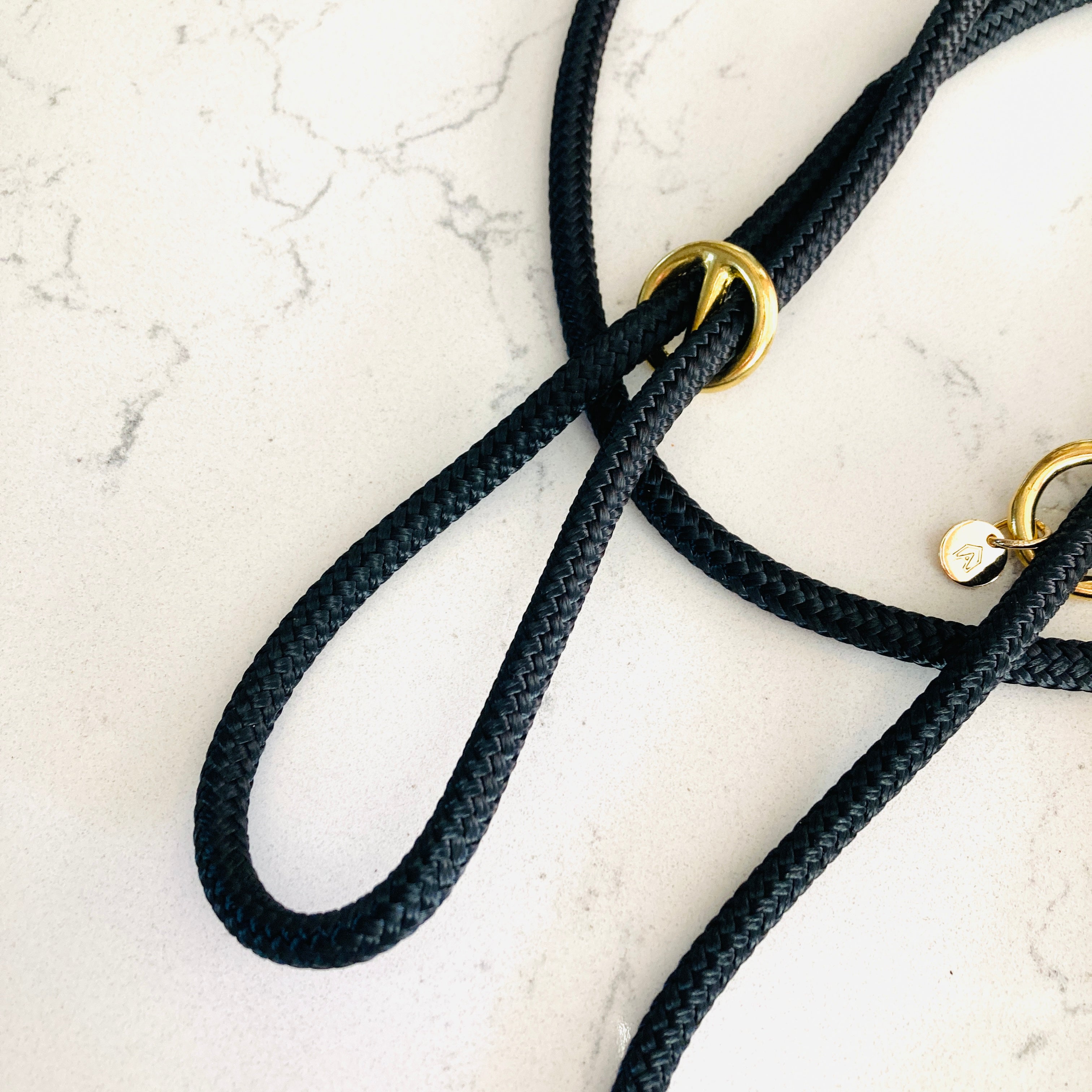 Figure of eight dog slip lead showing looped rope design for gentle no-pull control