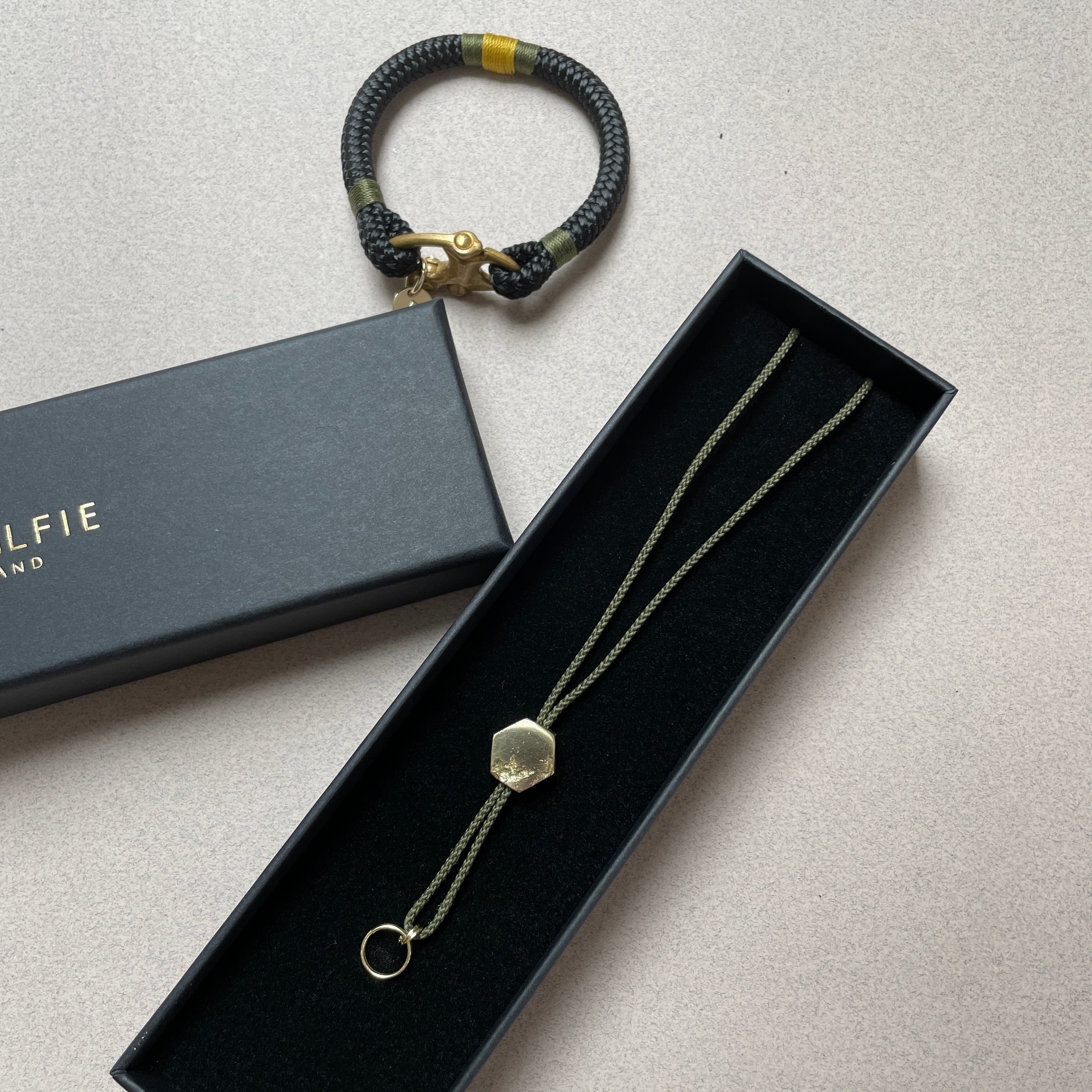 Oonalfie olive and gold whistle lanyard with solid brass hardware, handmade in Britain