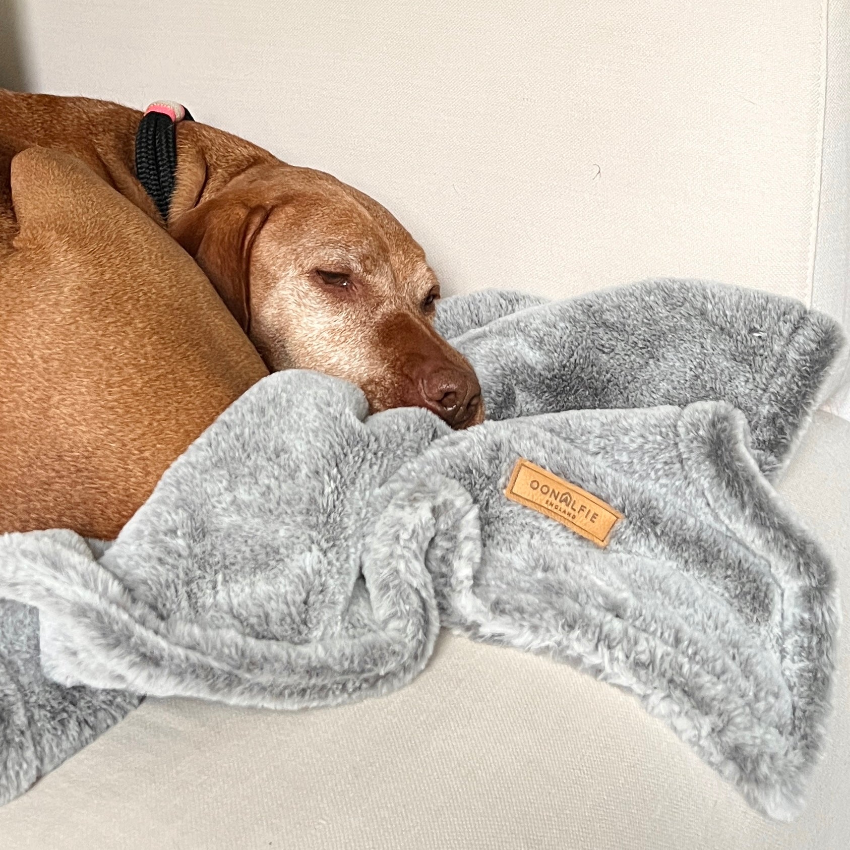 Oonalfie grey faux fur dog blanket folded showing soft plush texture, machine washable