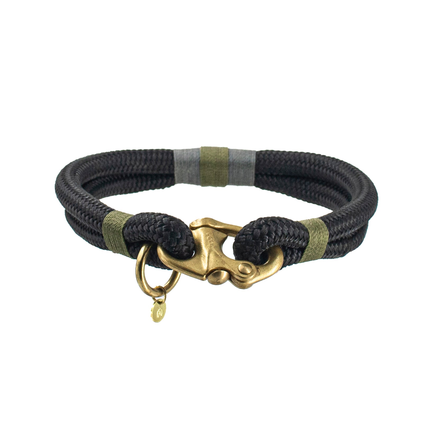 Oonalfie Enchanted Forest rope dog collar in charcoal with olive green whipping and brass clasp