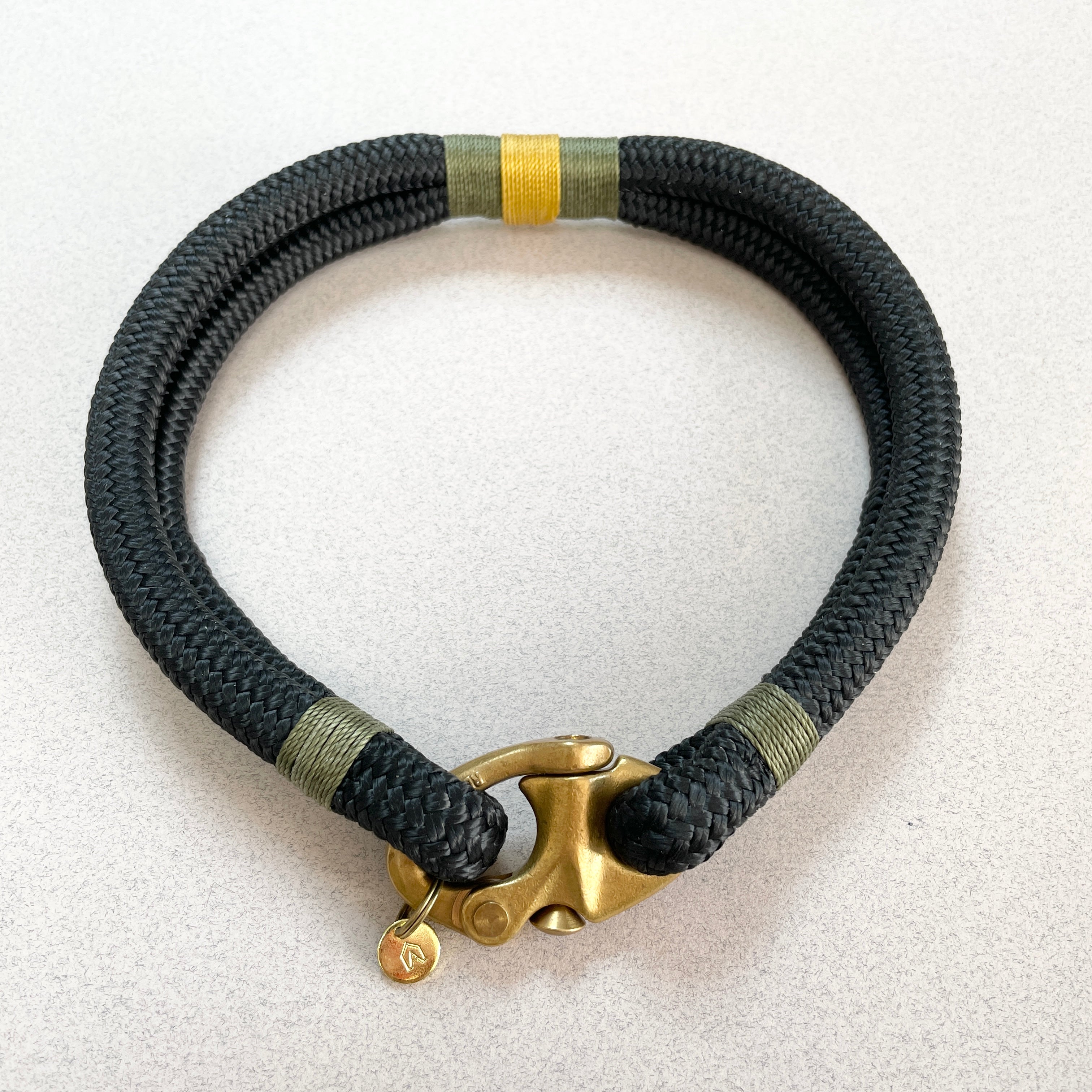 Oonalfie Sandringham small rope dog collar in khaki green and mustard yellow for small breeds