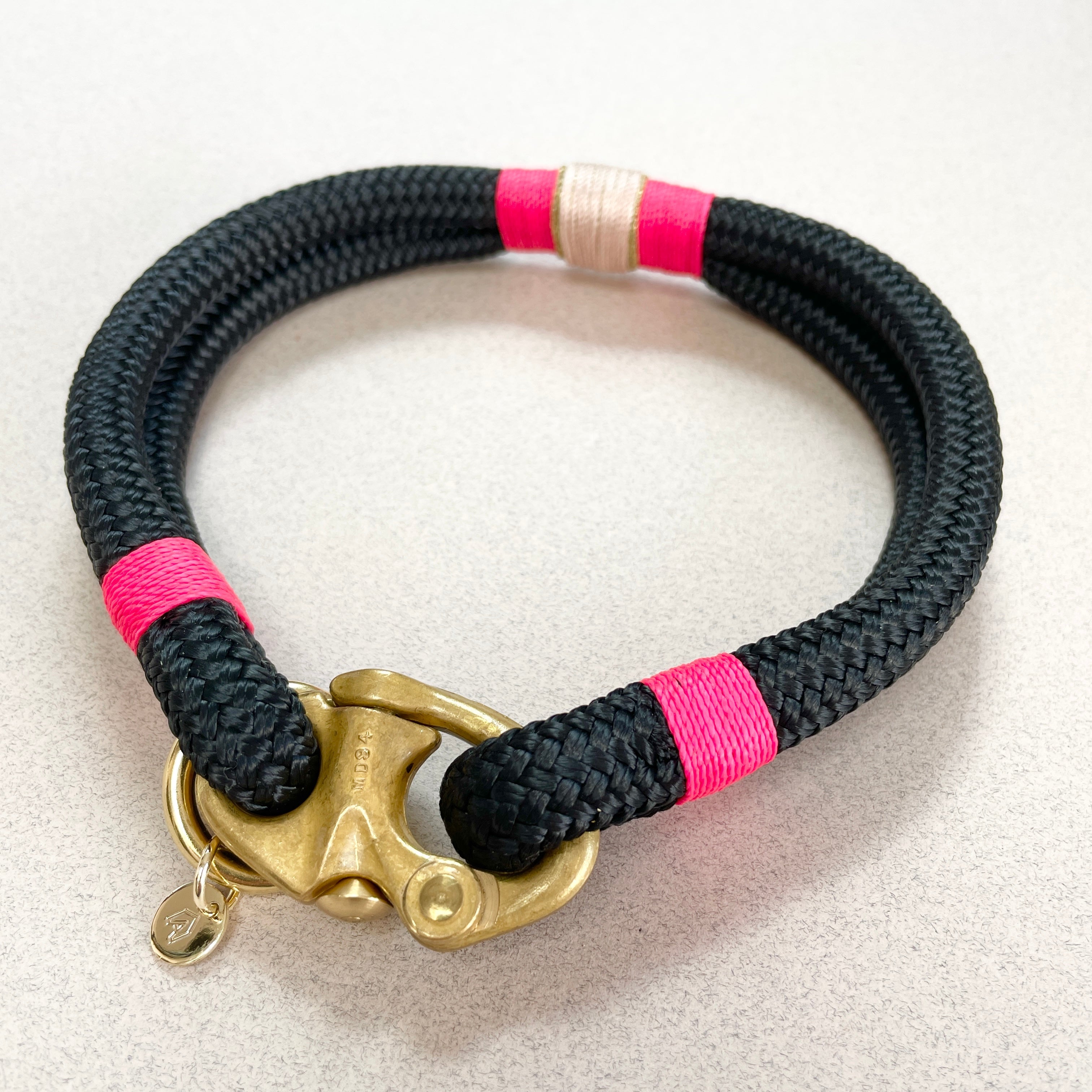 Bahamas rope collar for small breeds in navy, hot pink and gold colourway
