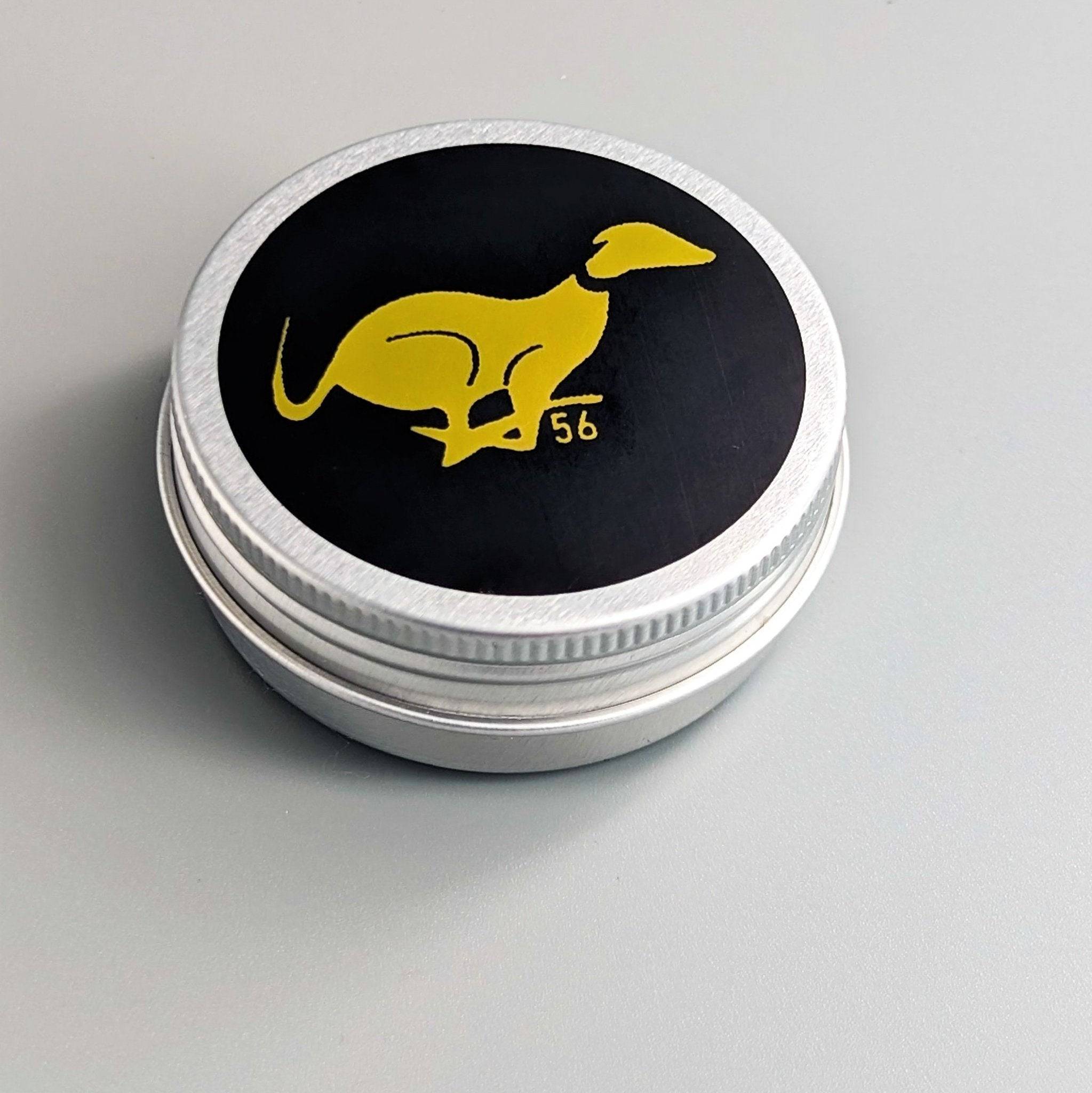 Premium leather balm tin with gold dog logo - natural conditioning treatment for luxury leather dog accessories