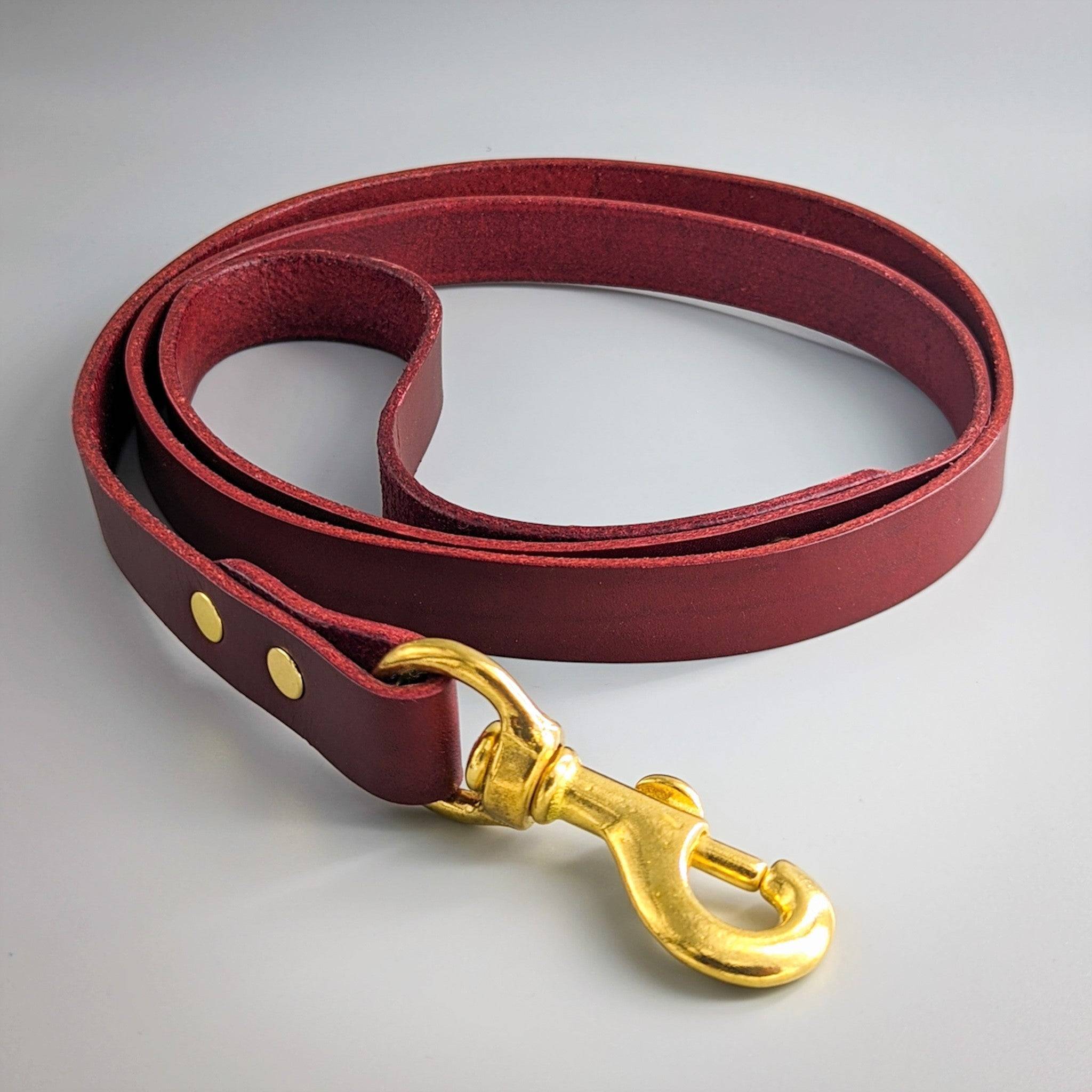 Red burgundy leather dog leash with brass hardware featuring quality rivets and professional snap hook clasp