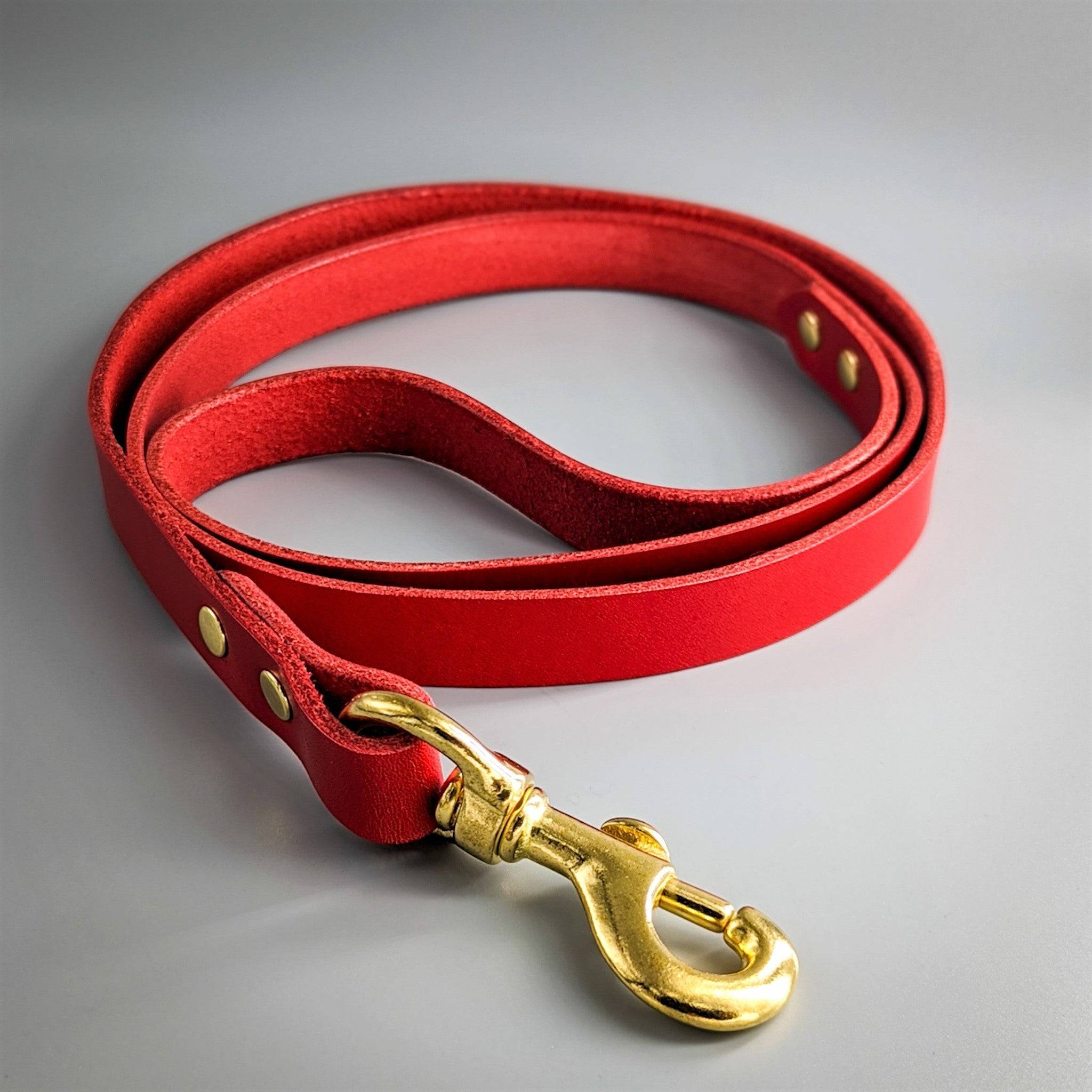 Red leather dog leash with polished brass snap hook and rivets highlighting smooth premium leather finish