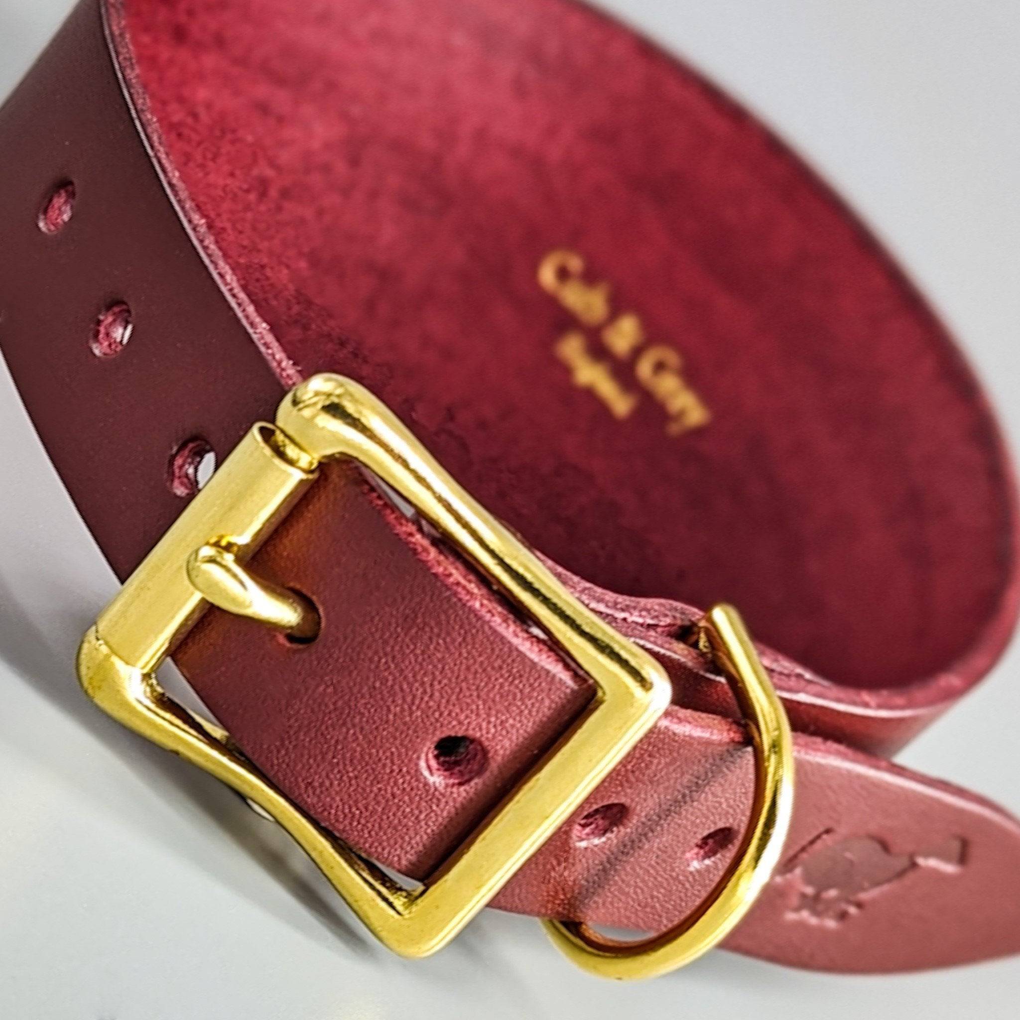 Burgundy leather personalised dog collar gold hardware stitching, custom embossed lettering rich color premium