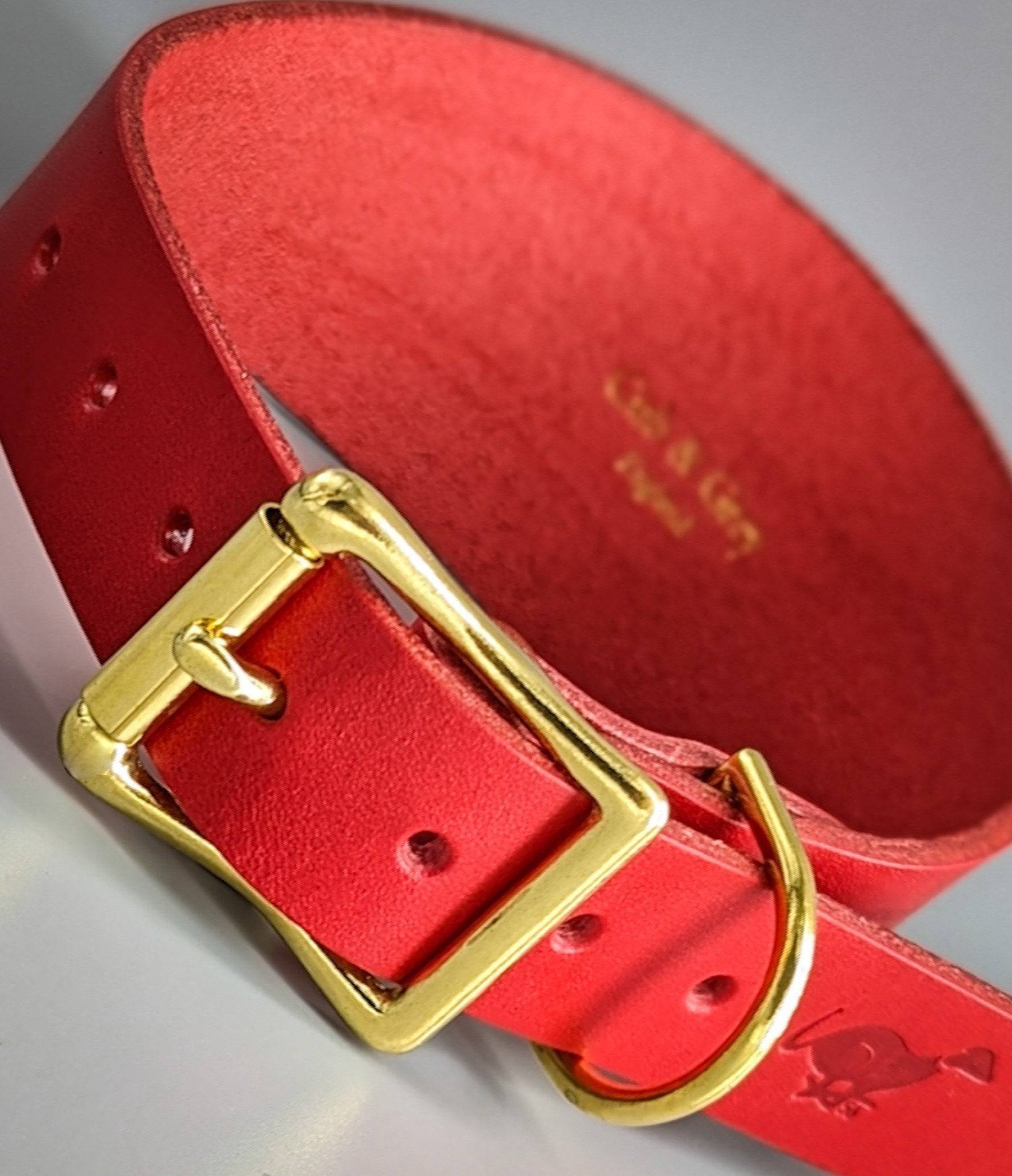 Red leather Luxury Hound Collar brass buckle D-ring foreground, personalised gold text embossed vibrant color