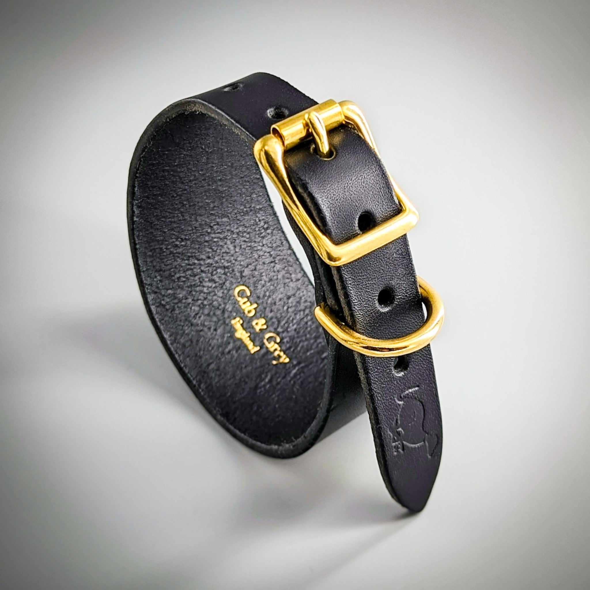 XL black leather dog collar with gold buckle from Cub & Grey, handcrafted premium British Sedgwick leather design