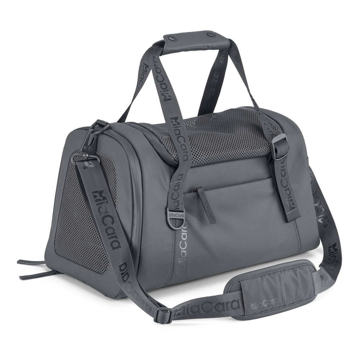MiaCara Volata dog travel carrier in Asphalt grey with mesh panels, padded shoulder strap and top handle, packshot