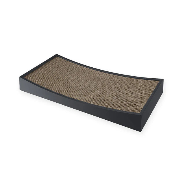 Modern curved cat scratching board with natural sisal surface and dark wooden frame by MiaCara German design
