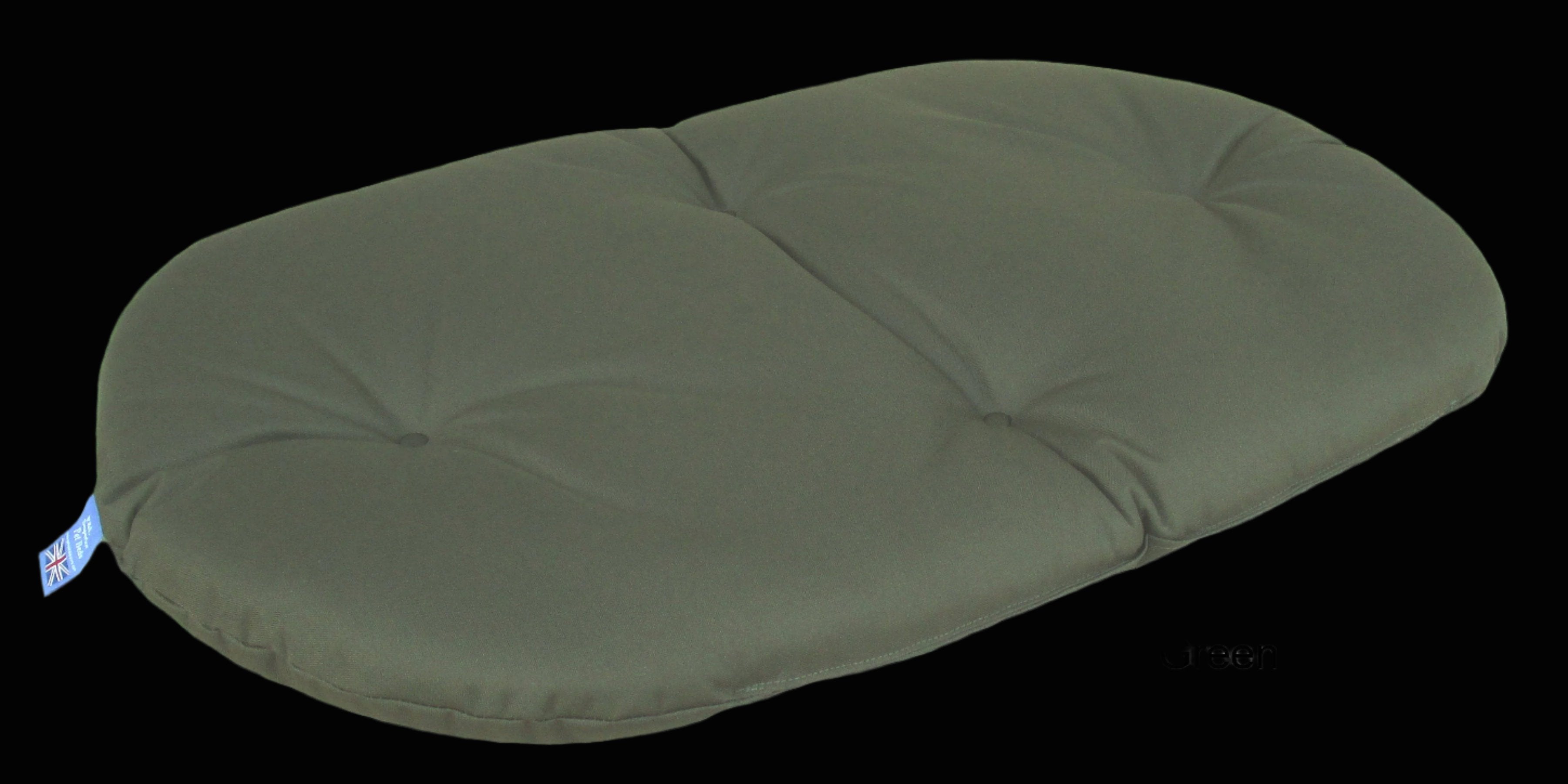 P&L Country Dog heavy duty waterproof oval cushion dog bed in olive green with quilted surface and brand tag
