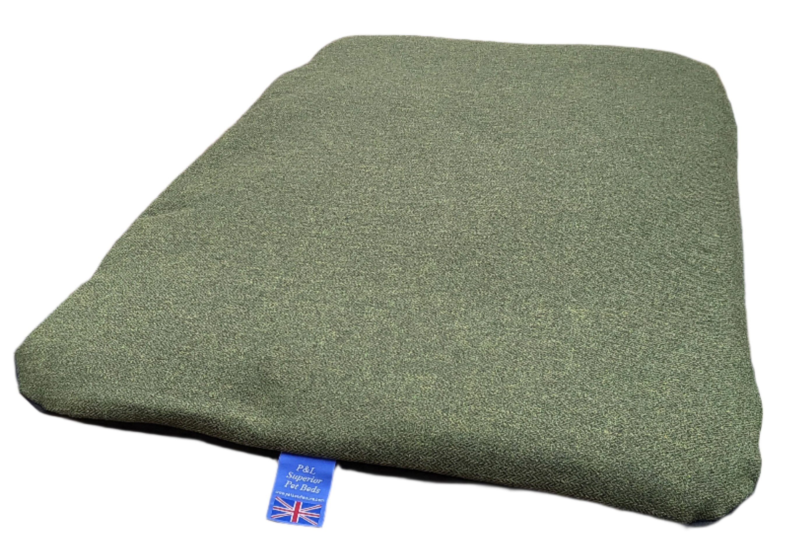 Sage green Orkney tweed waterproof dog bed cover with Union Jack label, premium British crafted removable duvet cover