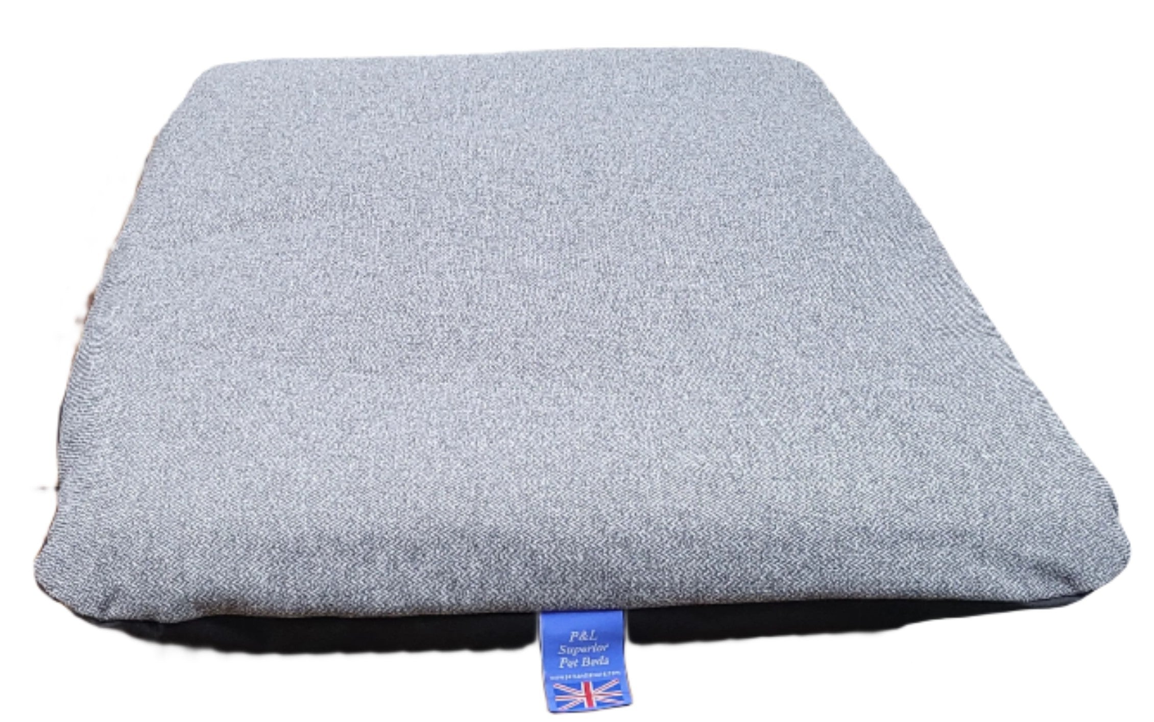 Grey Orkney tweed dog bed with removable cover showing premium British craftsmanship and Union Jack label