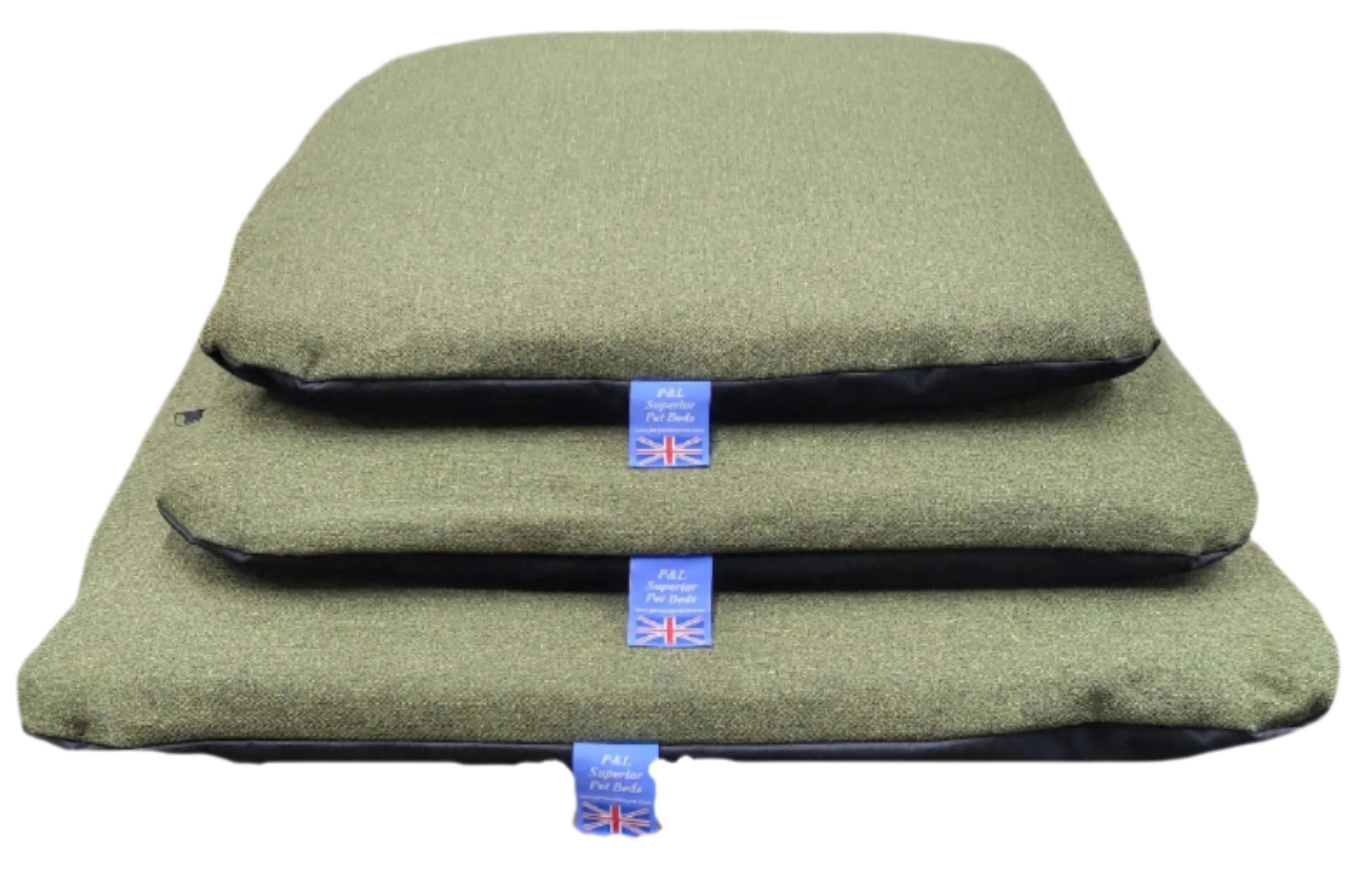 Three olive green Orkney tweed dog bed duvets stacked showing different sizes with UK quality labels