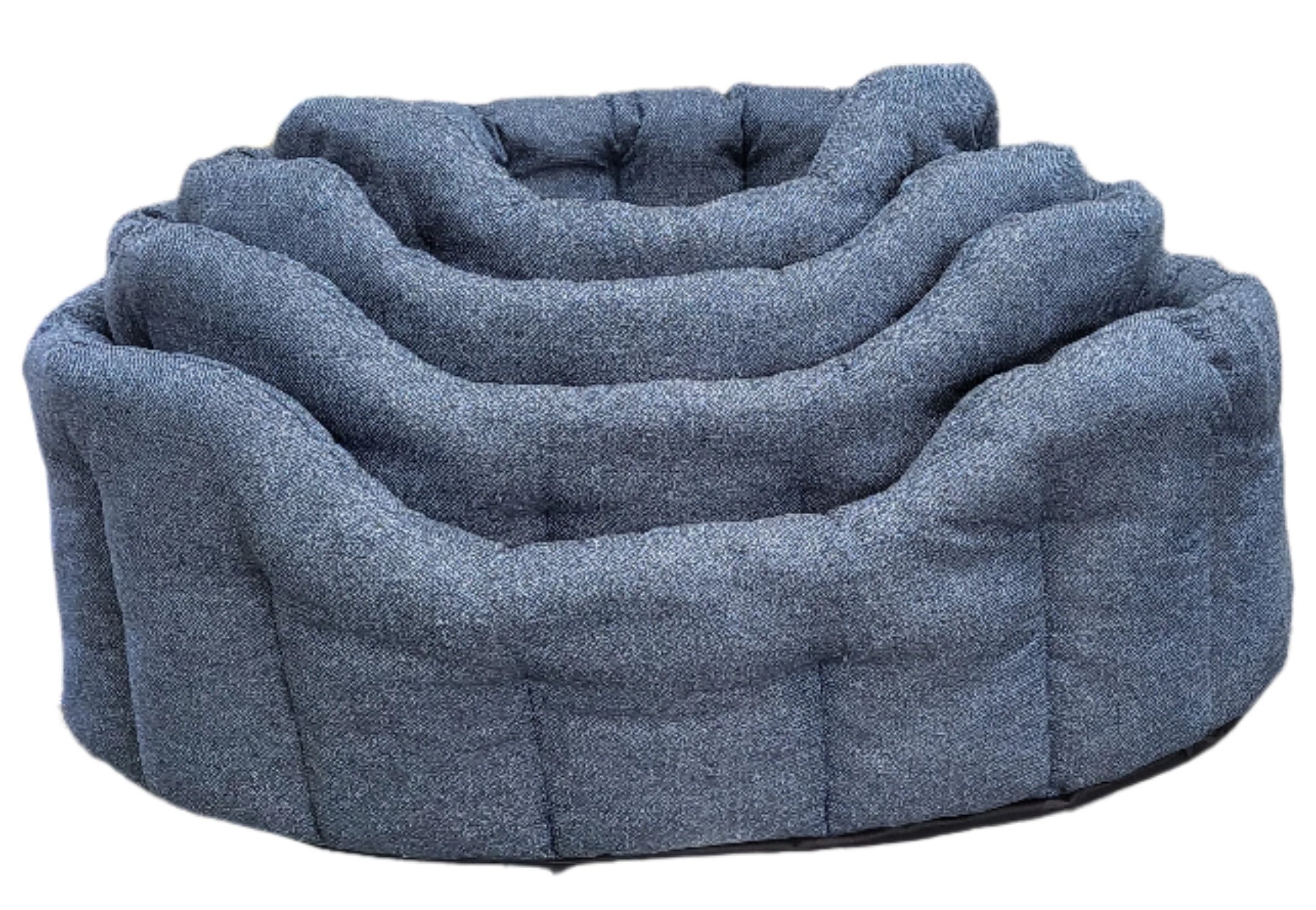 Grey tweed oval pet bed with quilted cushioned sides and soft fabric lining for comfortable dog sleeping
