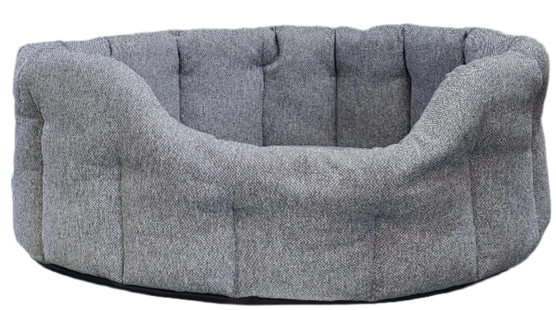 Grey Orkney tweed oval dog bed with quilted design and waterproof base, handcrafted in UK for premium comfort