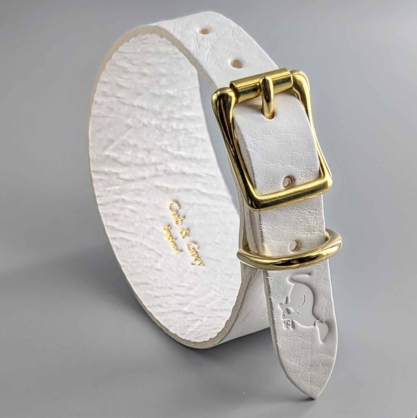 White leather personalised dog collar curved shape gold square buckle, premium construction multiple holes