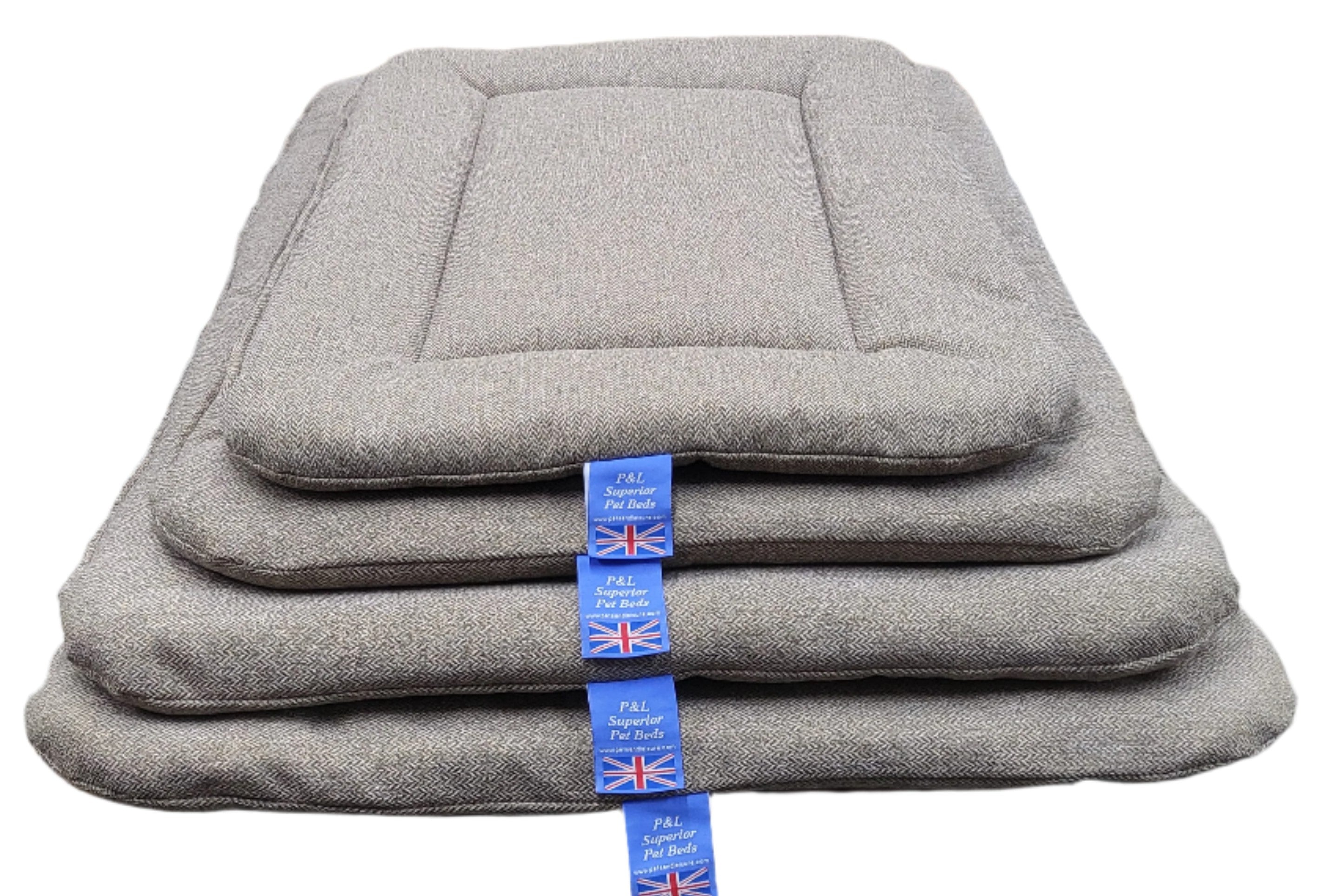 Stack of four grey tweed rectangular pet bed pads in different sizes with P&L Superior Pet Beds Union Jack labels