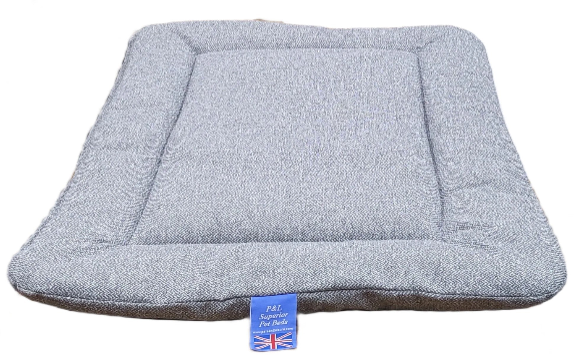 Grey Orkney tweed rectangular dog bed pad with raised edges and P&L Superior Pet Beds blue label showing UK flag