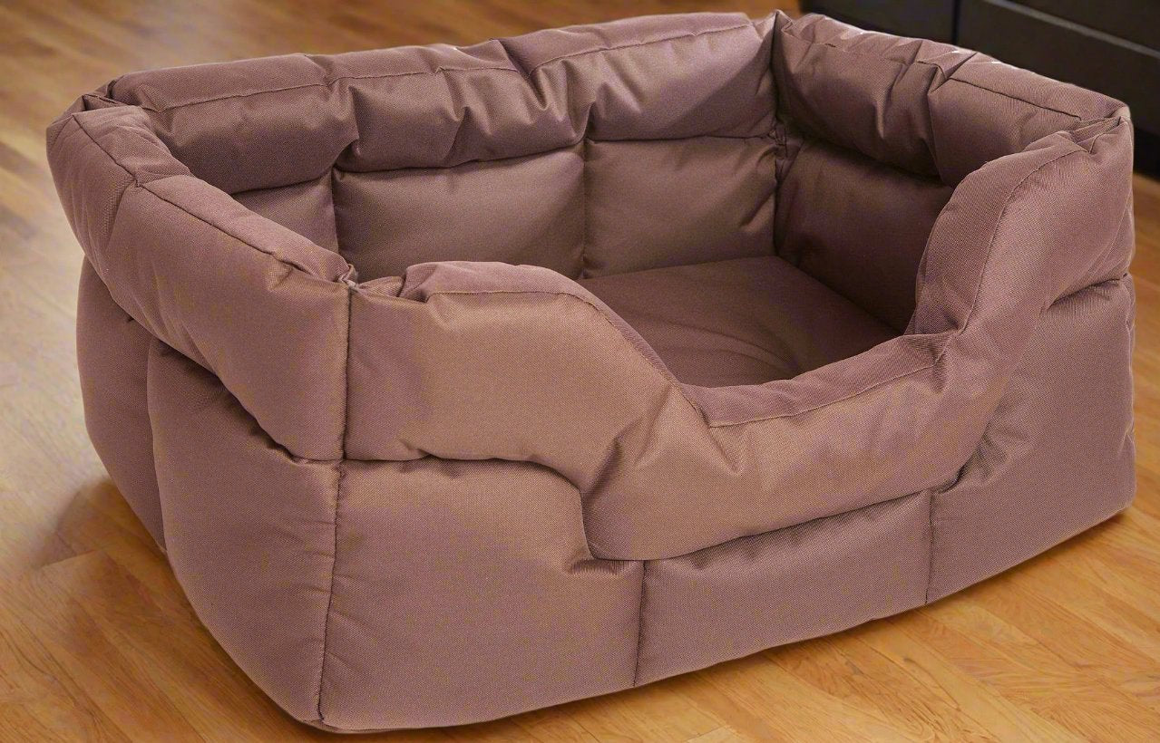 Country Dog rectangular high sided waterproof dog bed in brown fabric on wooden floor showing deep cushioned design