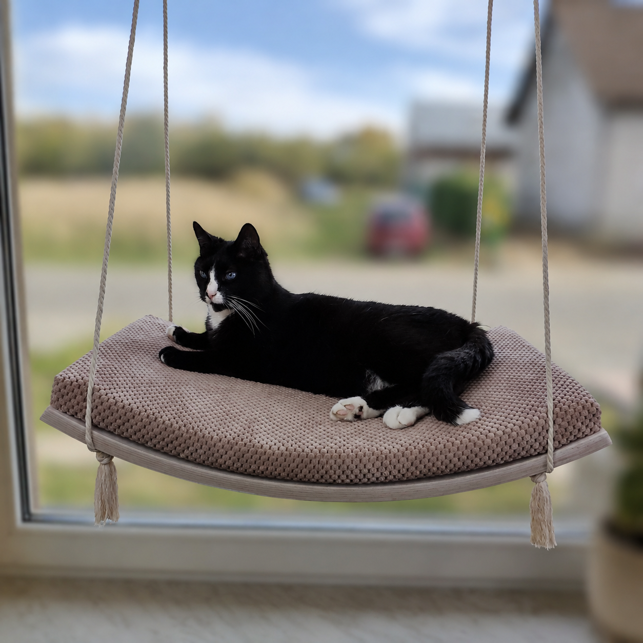 Cat relaxing on the Arcing View cat window hammock with a garden view beyond the glass