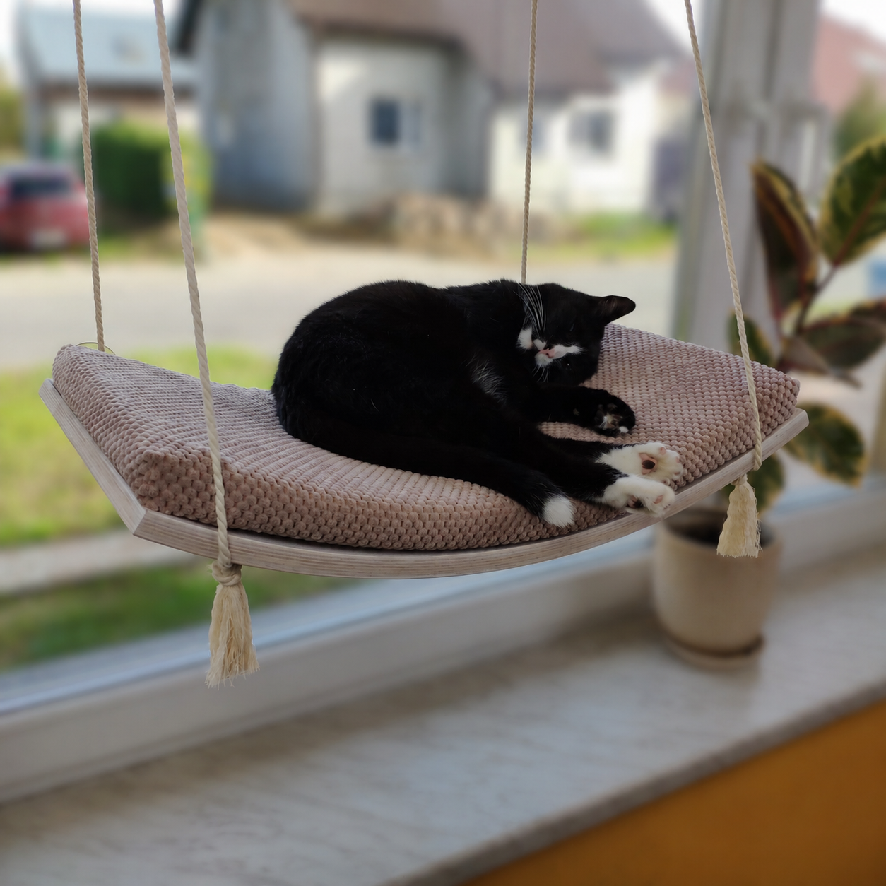 Black and white cat lying on the Arcing View cat window hammock mounted at a window, beech frame with a dot-textured cushion