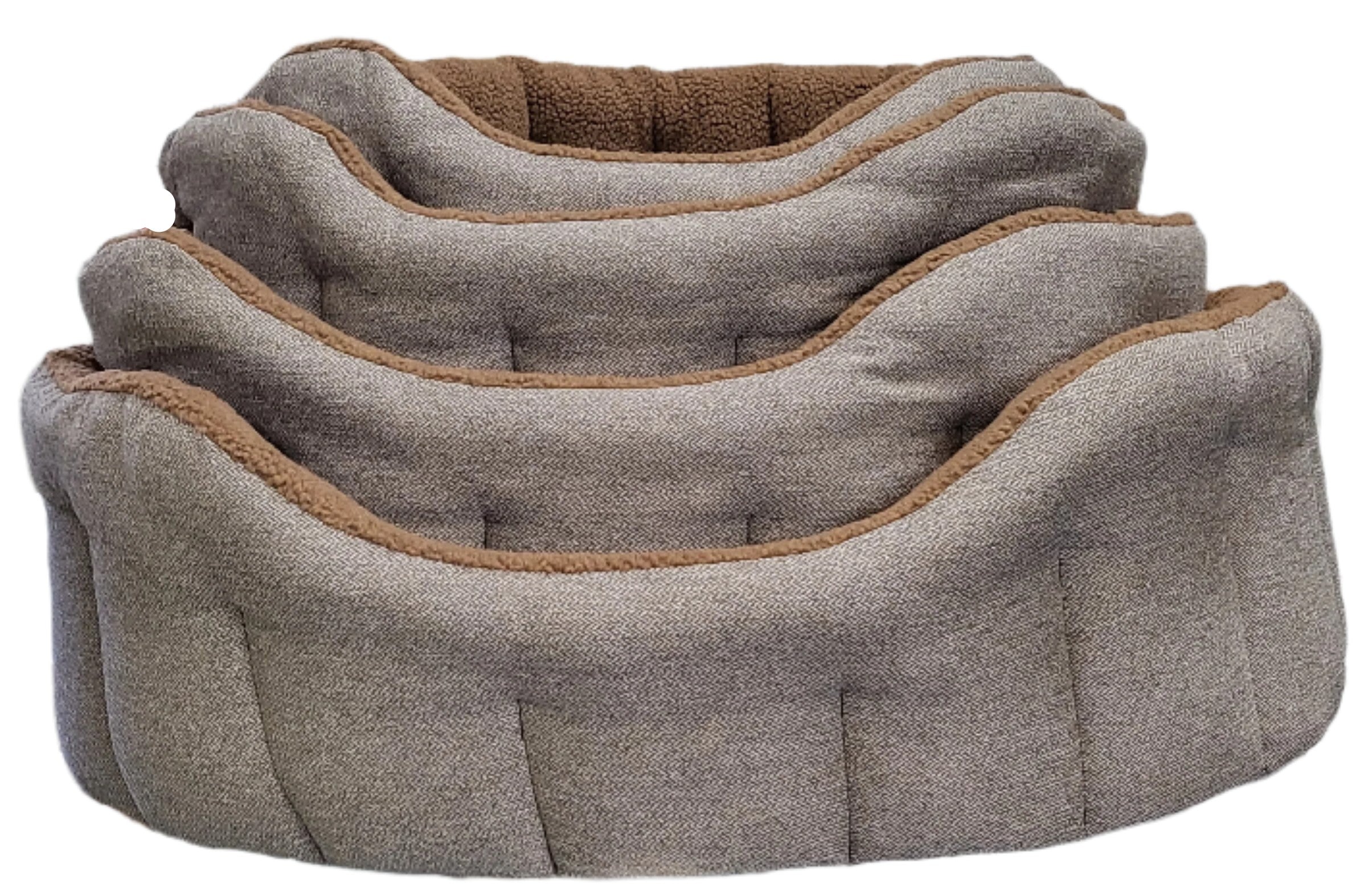Set of three grey tweed fleece-lined bolster pet beds in small, medium and large sizes stacked together