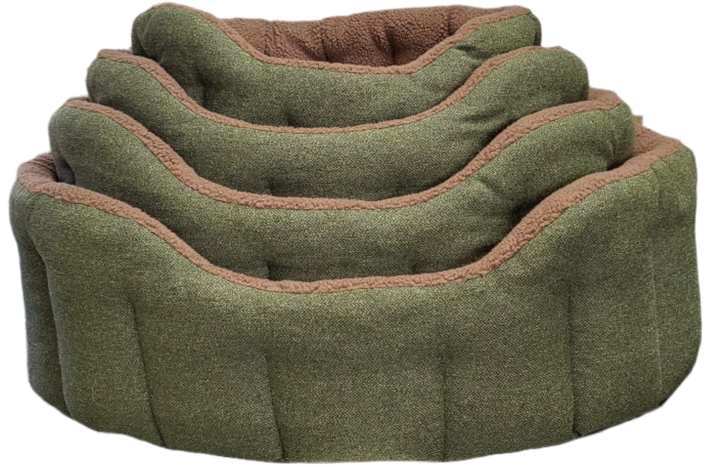 Green Orkney tweed fleece lined bolster dog bed with brown trim, waterproof oval pet bed made in UK