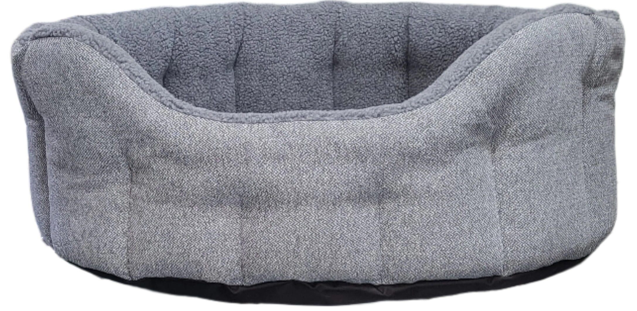 Grey Orkney tweed dog bed with fleece lining and bolster sides, showing waterproof base and premium British craftsmanship