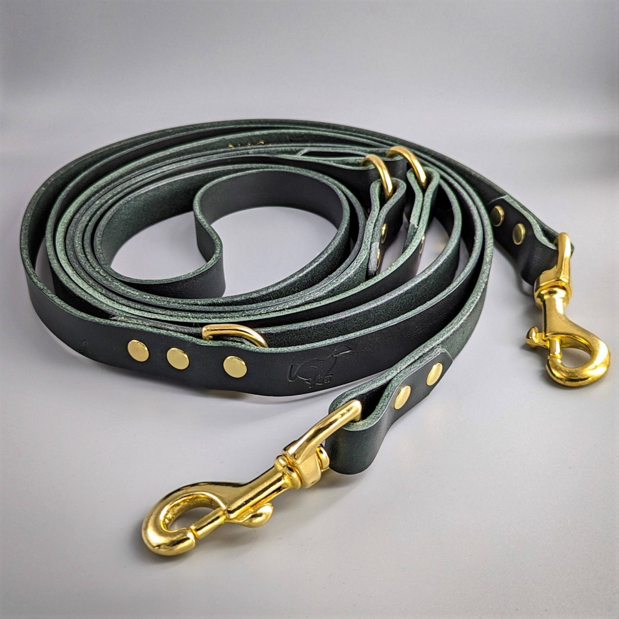 Dark green leather training lead featuring gold brass hardware, rivets and adjustable configuration options
