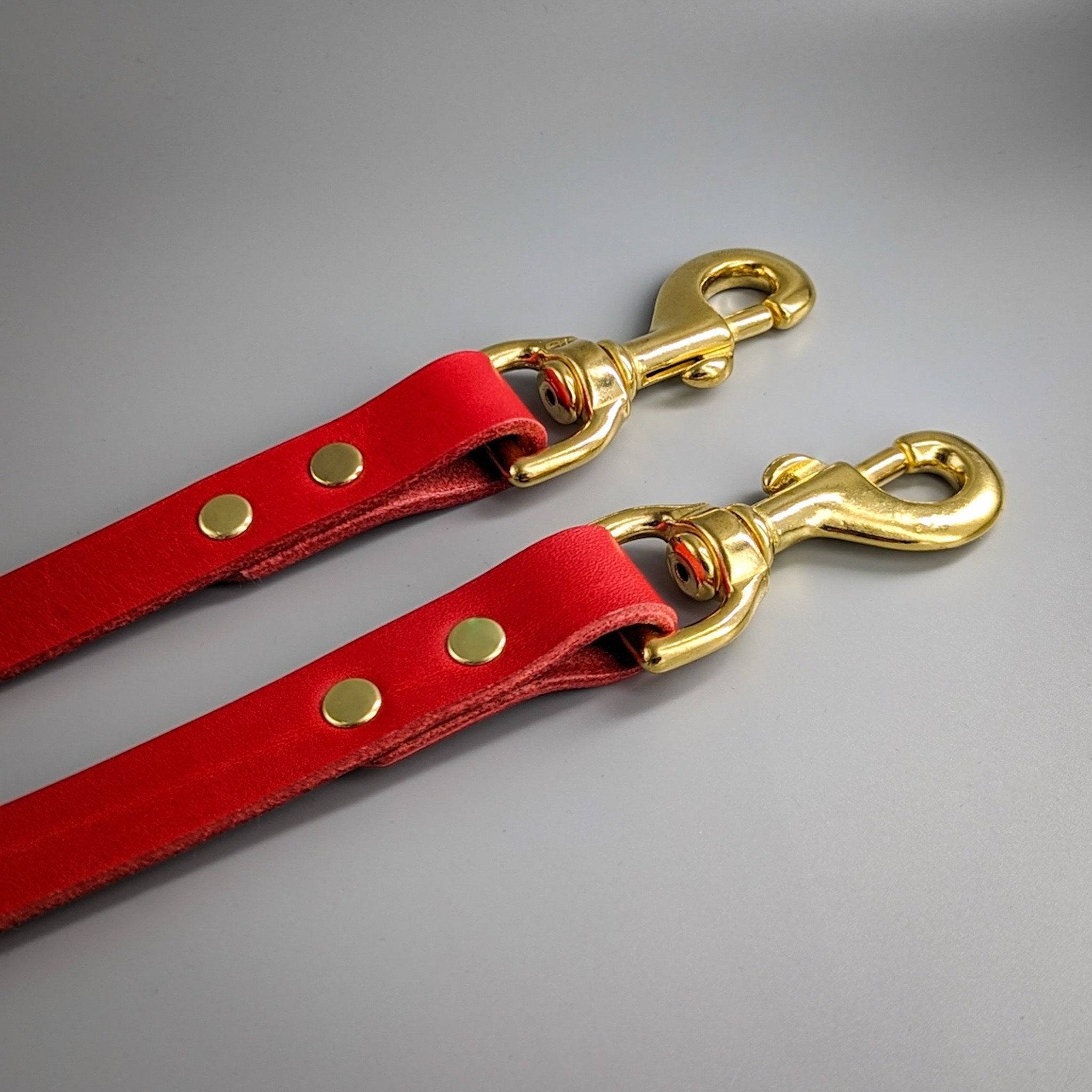 Two red leather dog leads with polished gold swivel clips and brass studs showing premium construction