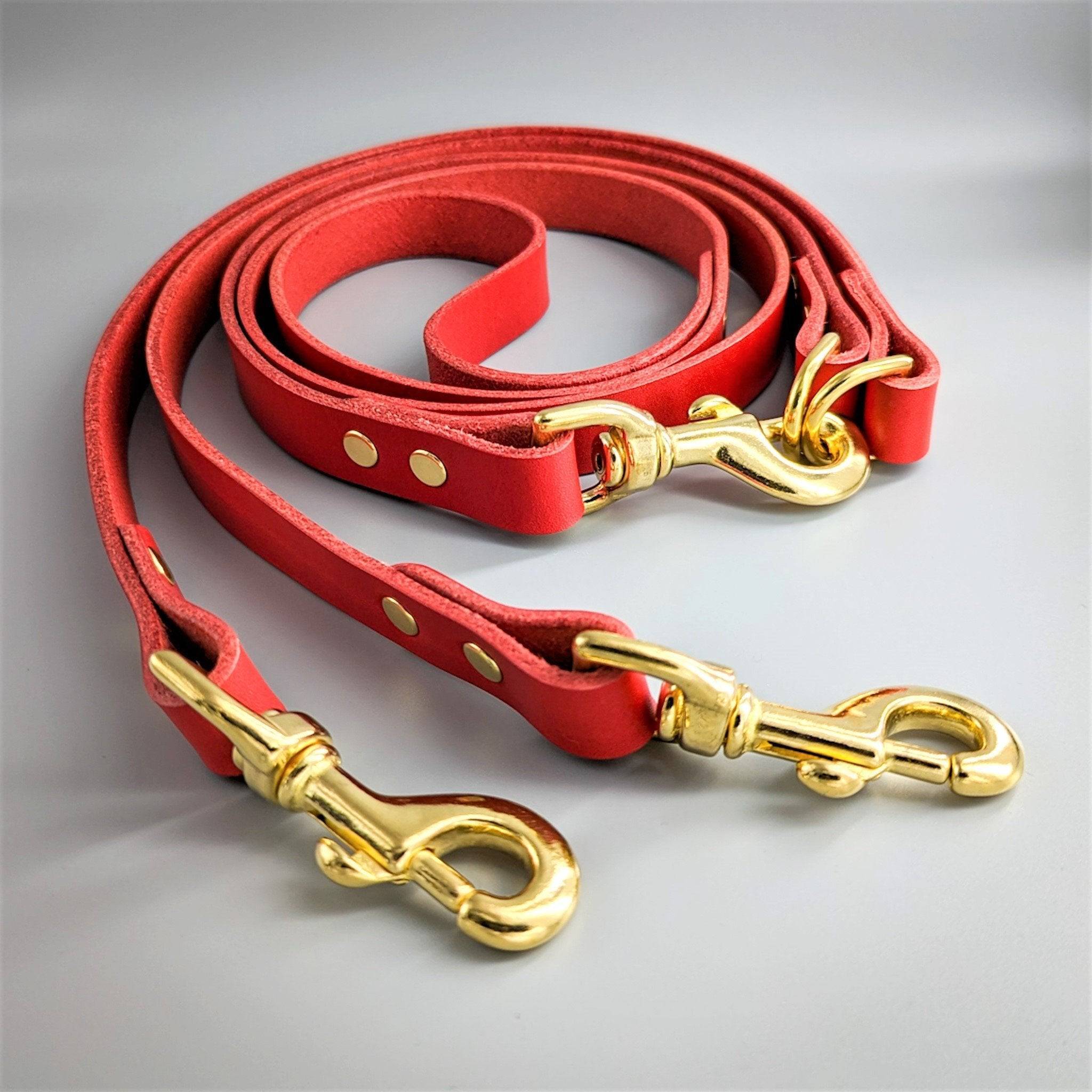 Premium red leather Cerberus two dog lead with gold brass swivel clips and rivets displayed on neutral background