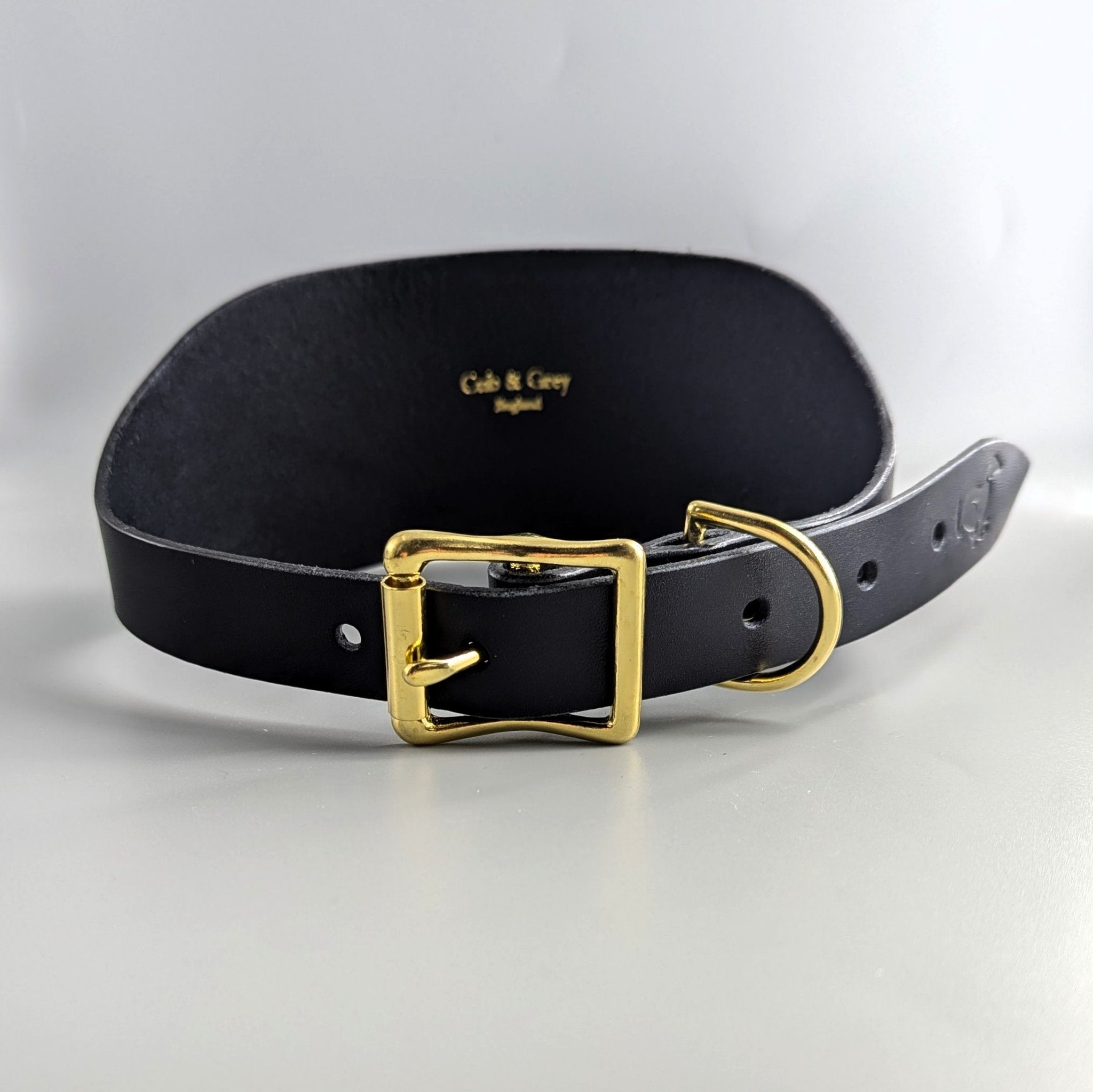 Black XL hound collar by Girth & Grey with gold hardware, premium leather construction for Irish Wolfhounds