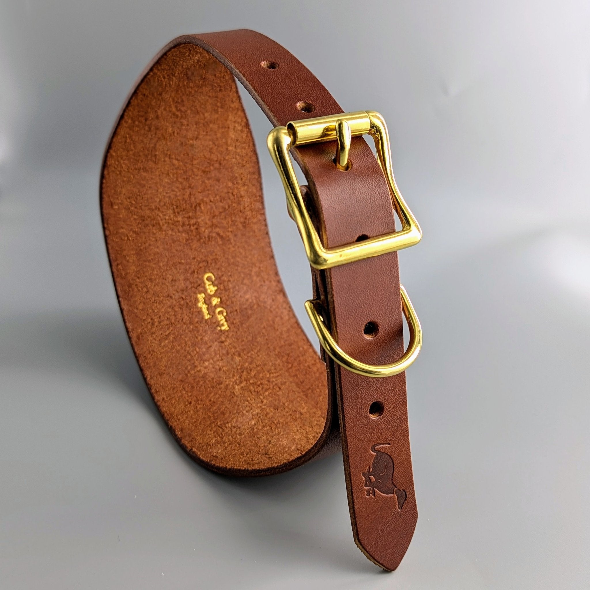 Brown leather XL hound collar with brass hardware, embossed design and suede lining for large sighthounds