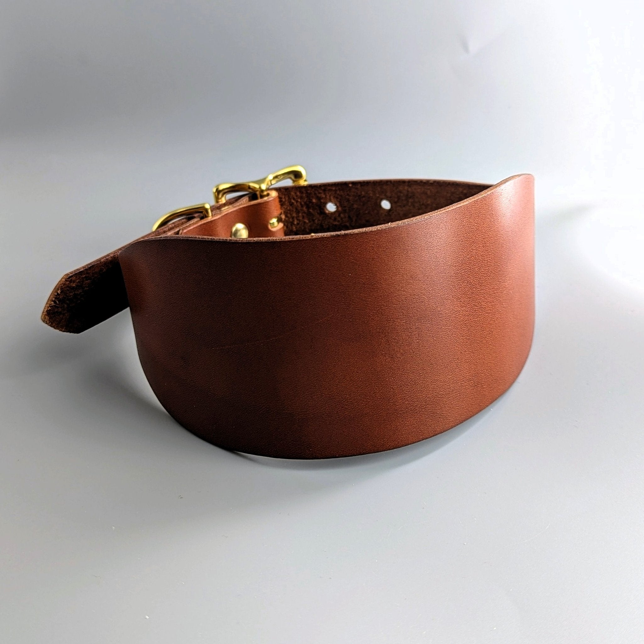 Wide brown leather sighthound collar with brass hardware, tapered design perfect for Irish Wolfhounds