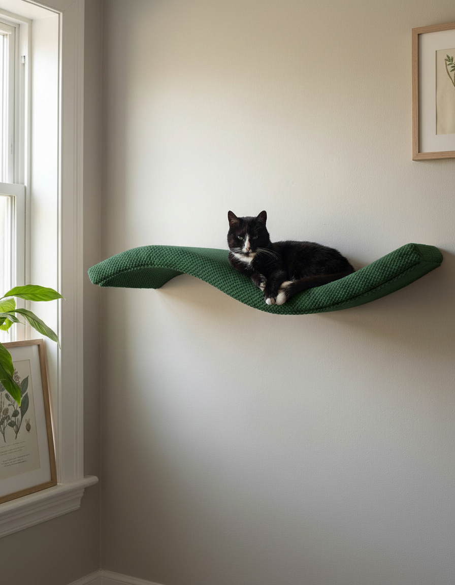 Cat Wall Shelf - The Wave with Bottle Green DOT cushion