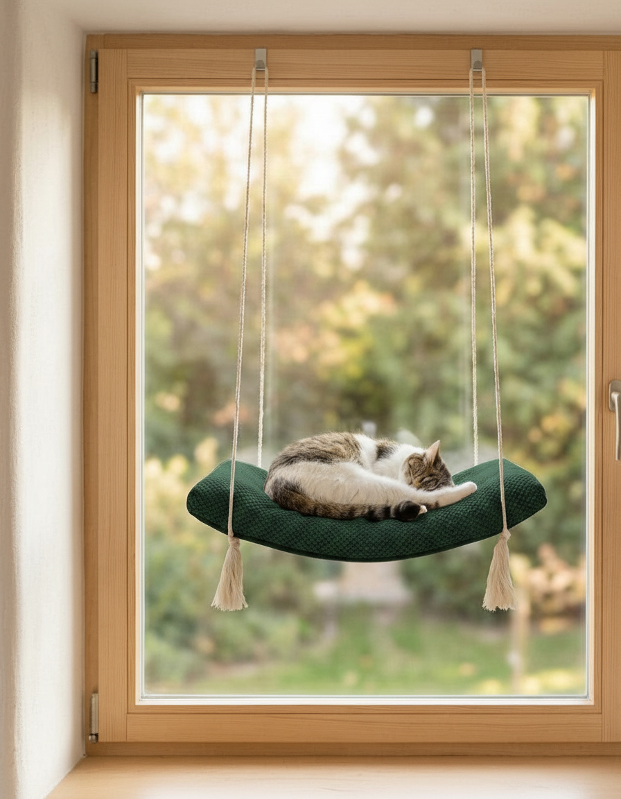 Cat Window Hammock - The Arcing View with Bottle Green DOT cushion