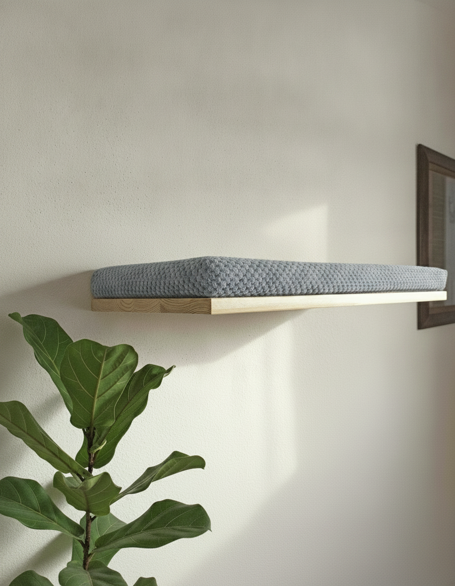Floating Cat Wall Shelf - The Cozy Nook in Natural Pine, Grey cushion