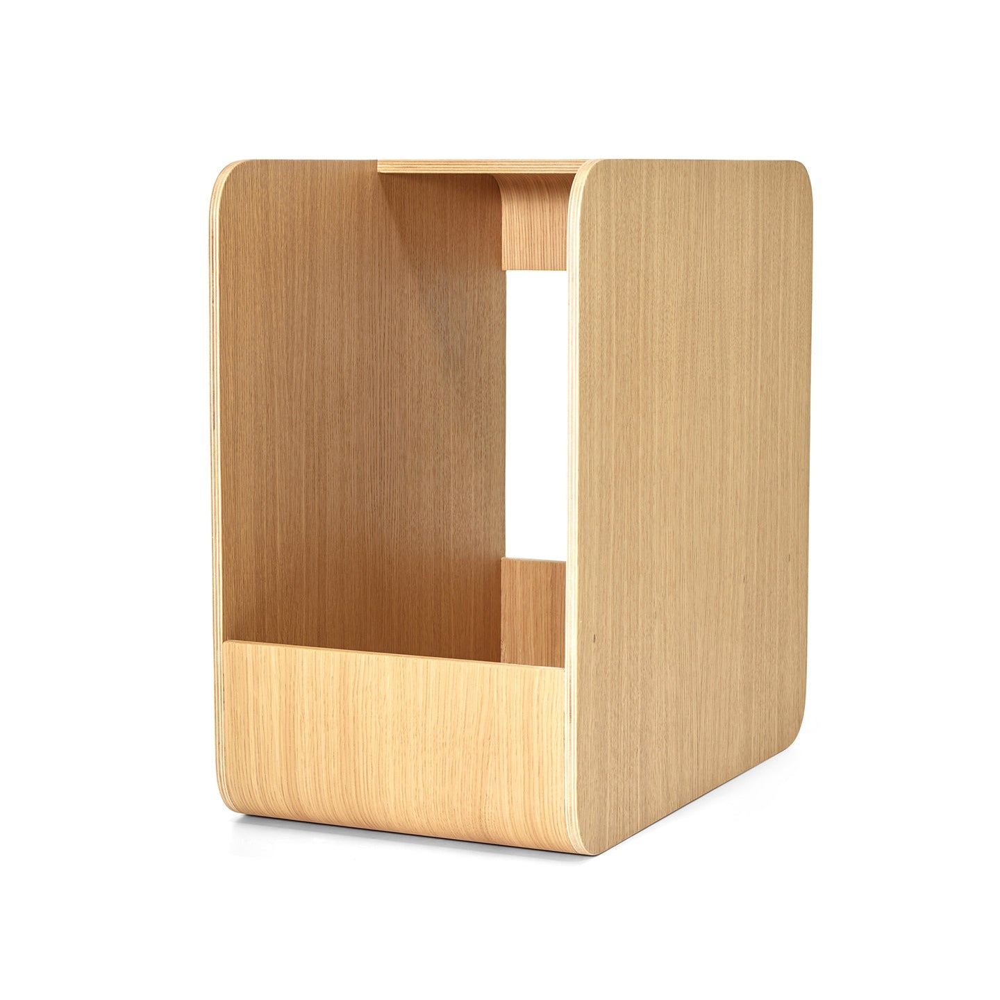 Modern wooden cat climber with minimalist design featuring curved plywood construction and integrated shelf