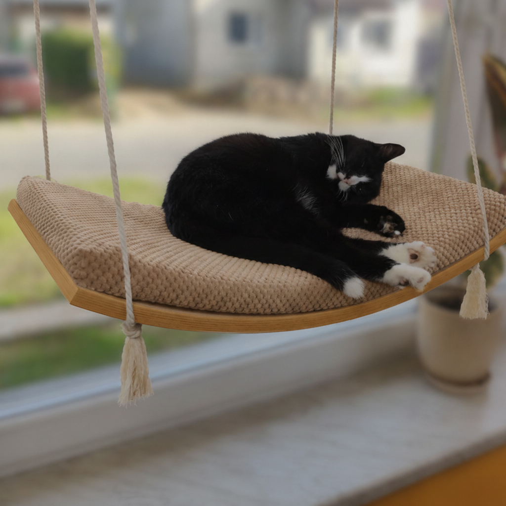 Cat Window Hammock - The Arcing View in Golden Oak, Beige cushion