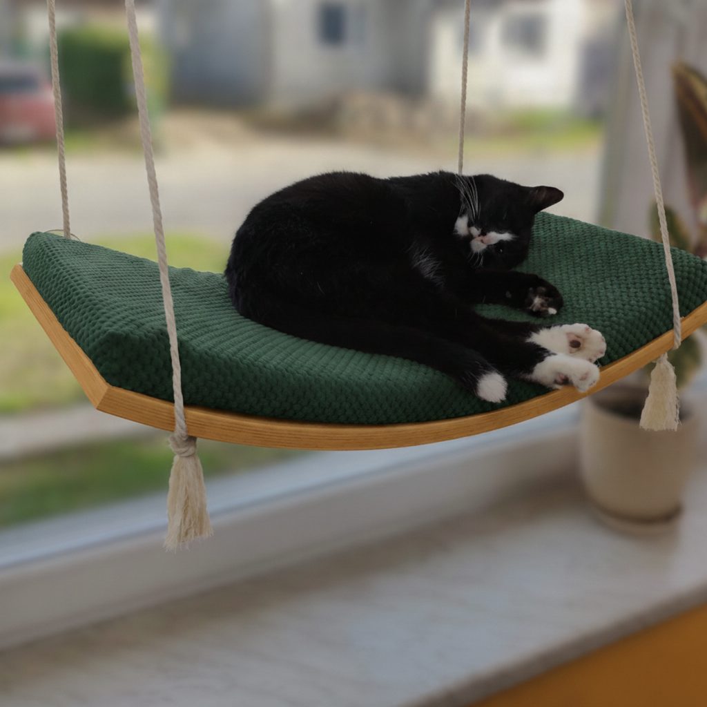 Cat Window Hammock - The Arcing View in Golden Oak, Bottle Green cushion