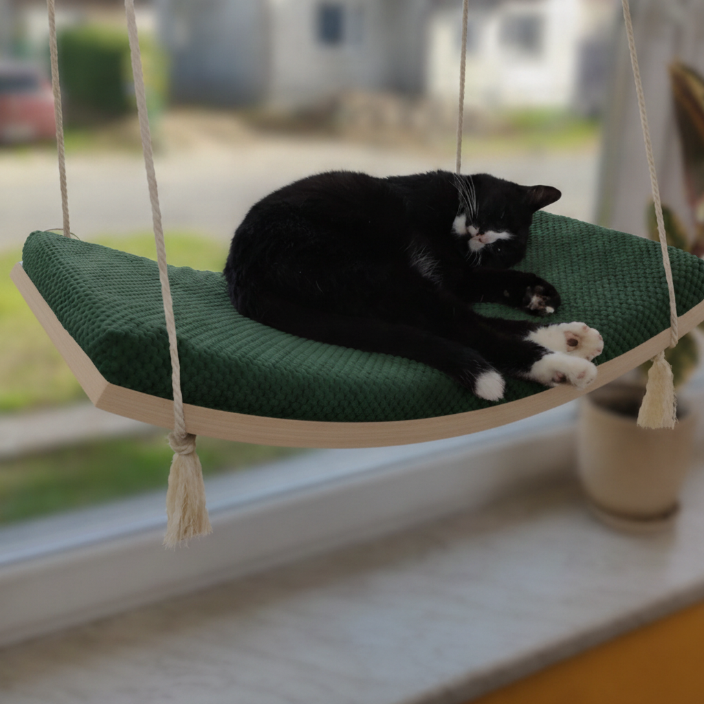 Cat Window Hammock - The Arcing View in Natural Beech, Bottle Green cushion