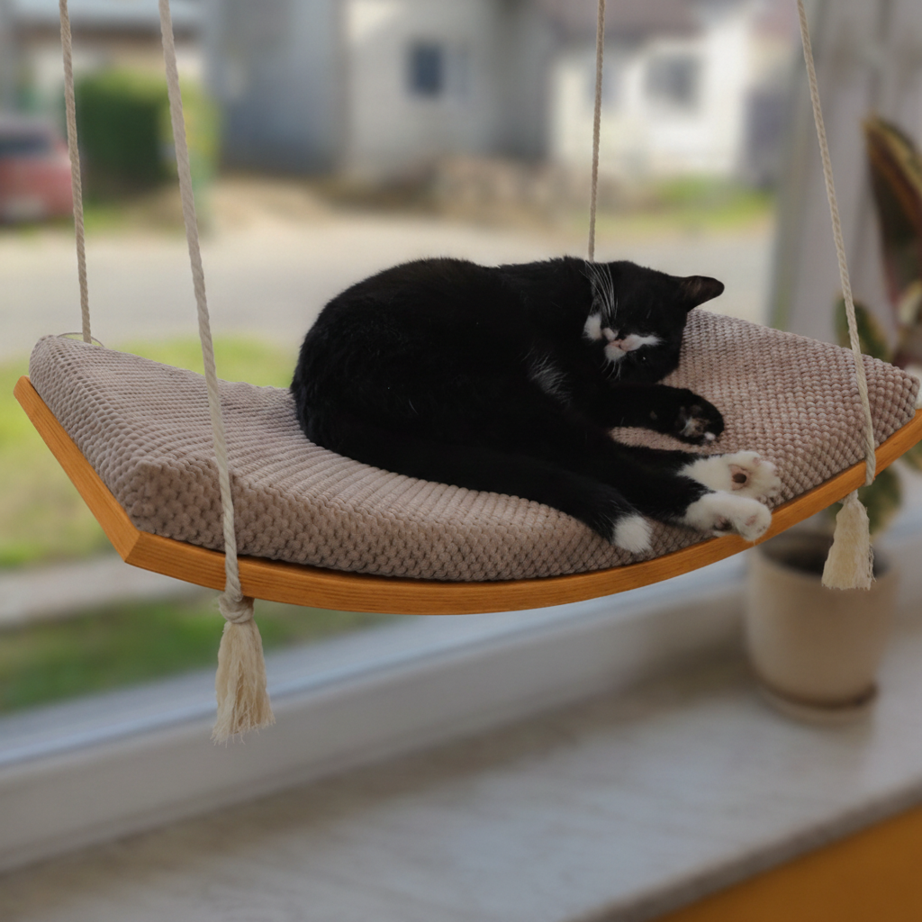 Cat Window Hammock - The Arcing View in Golden Oak, Cream cushion