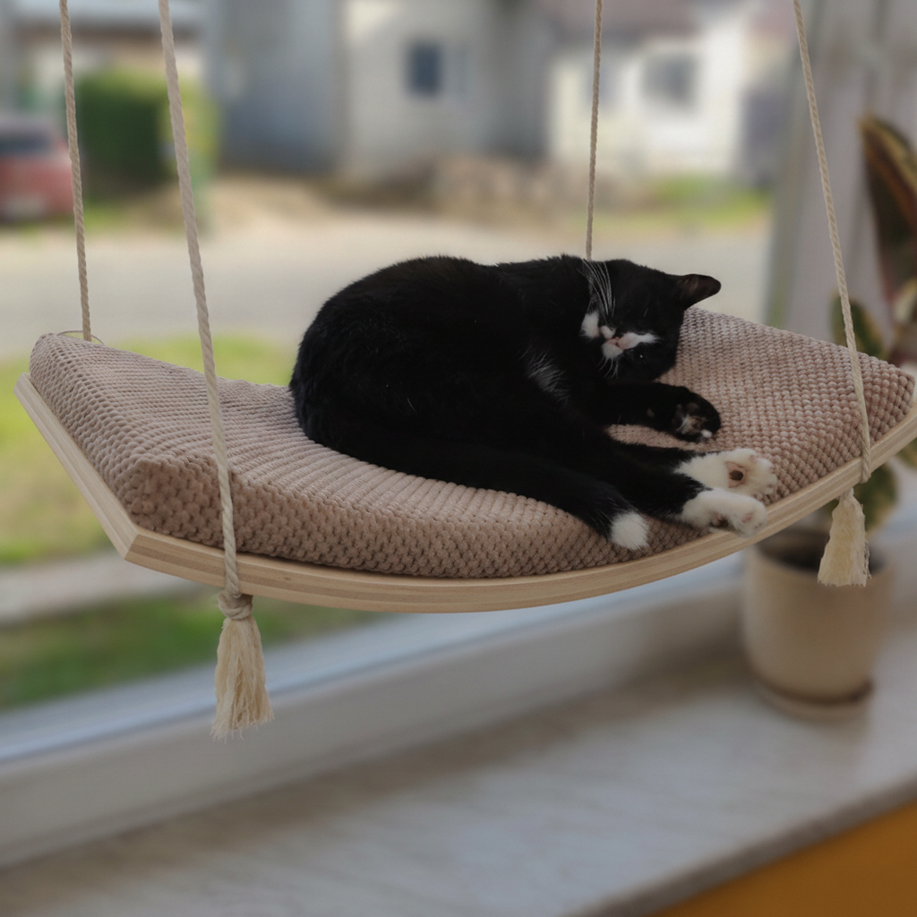 Cat Window Hammock - The Arcing View in Natural Beech, Cream cushion